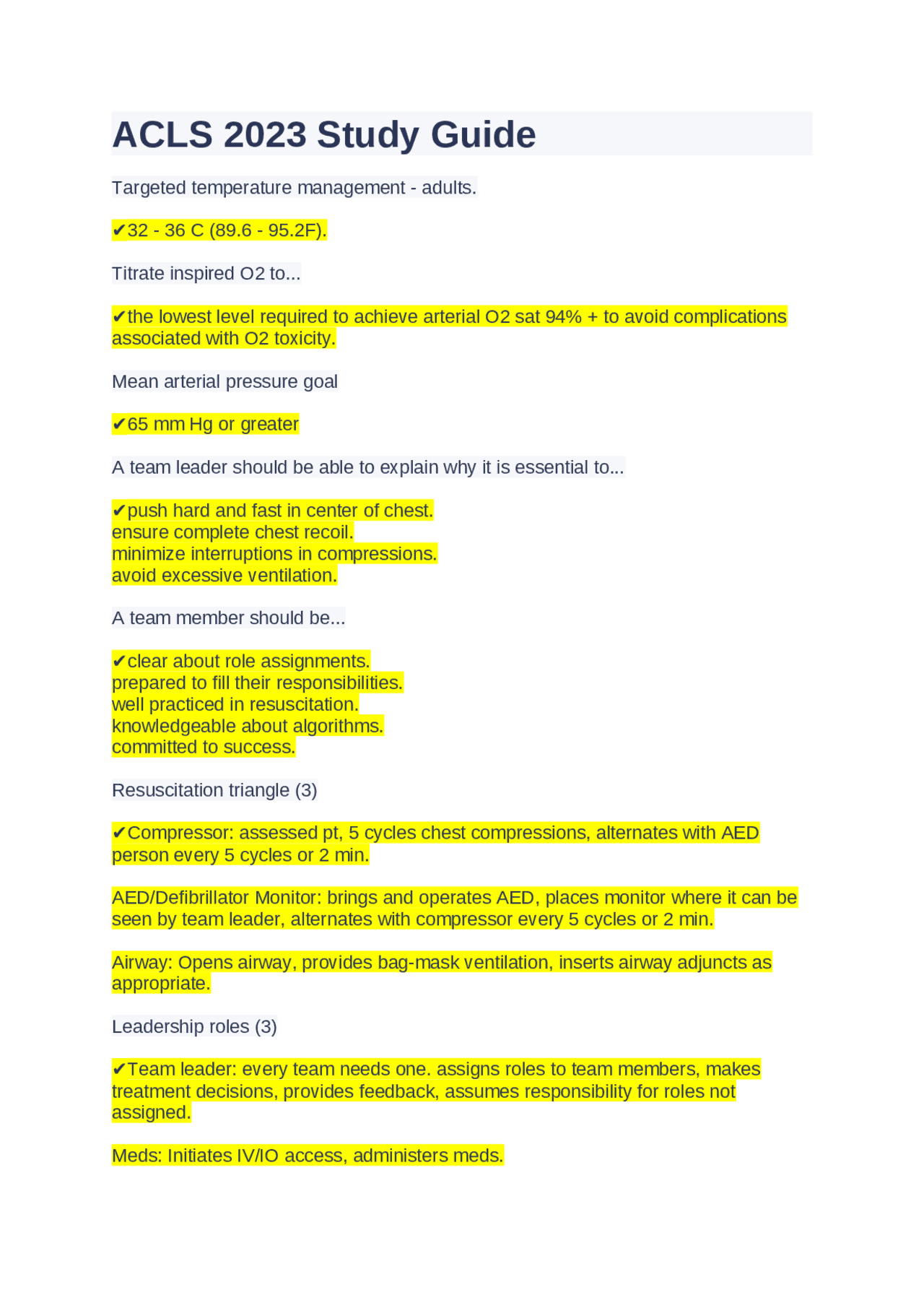 ACLS 2023 Study Guide | Exams Nursing | Docsity