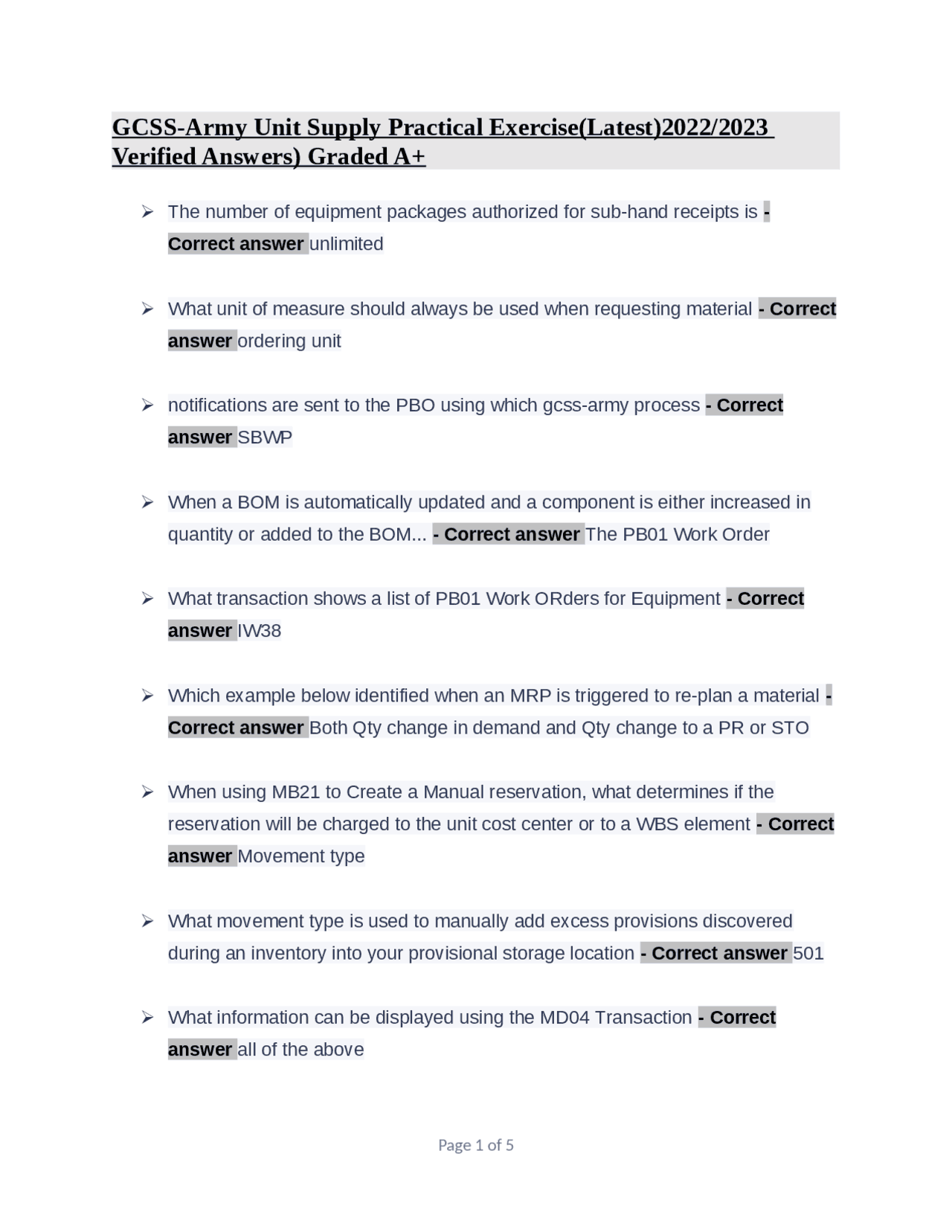 GCSS-Army Unit Supply Practical Exercise(Latest)2022/2023 Verified ...