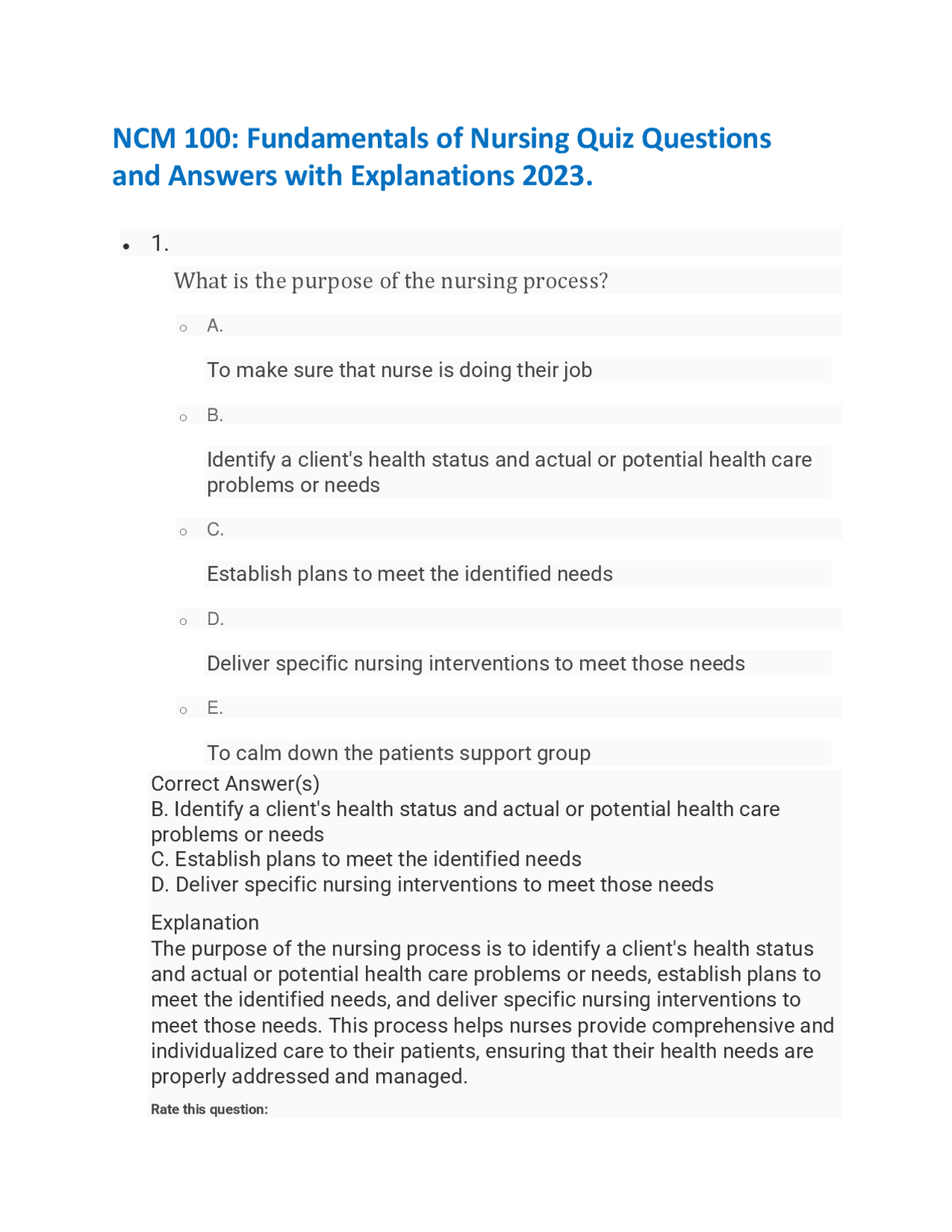NCM 100 Fundamentals of Nursing Quiz Questions and Answers with