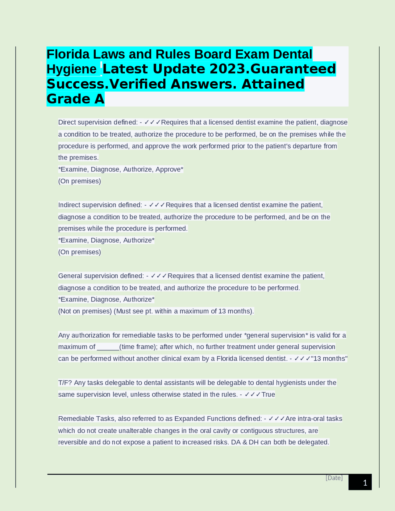 Florida Laws and Rules Board Exam Dental Hygiene Latest Update 2023