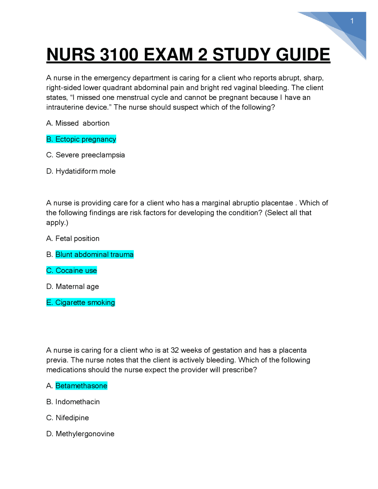 NURS 3100 EXAM 2 STUDY GUIDE QUESTIONS WITH ANSWERS LATEST TEST | Exams ...