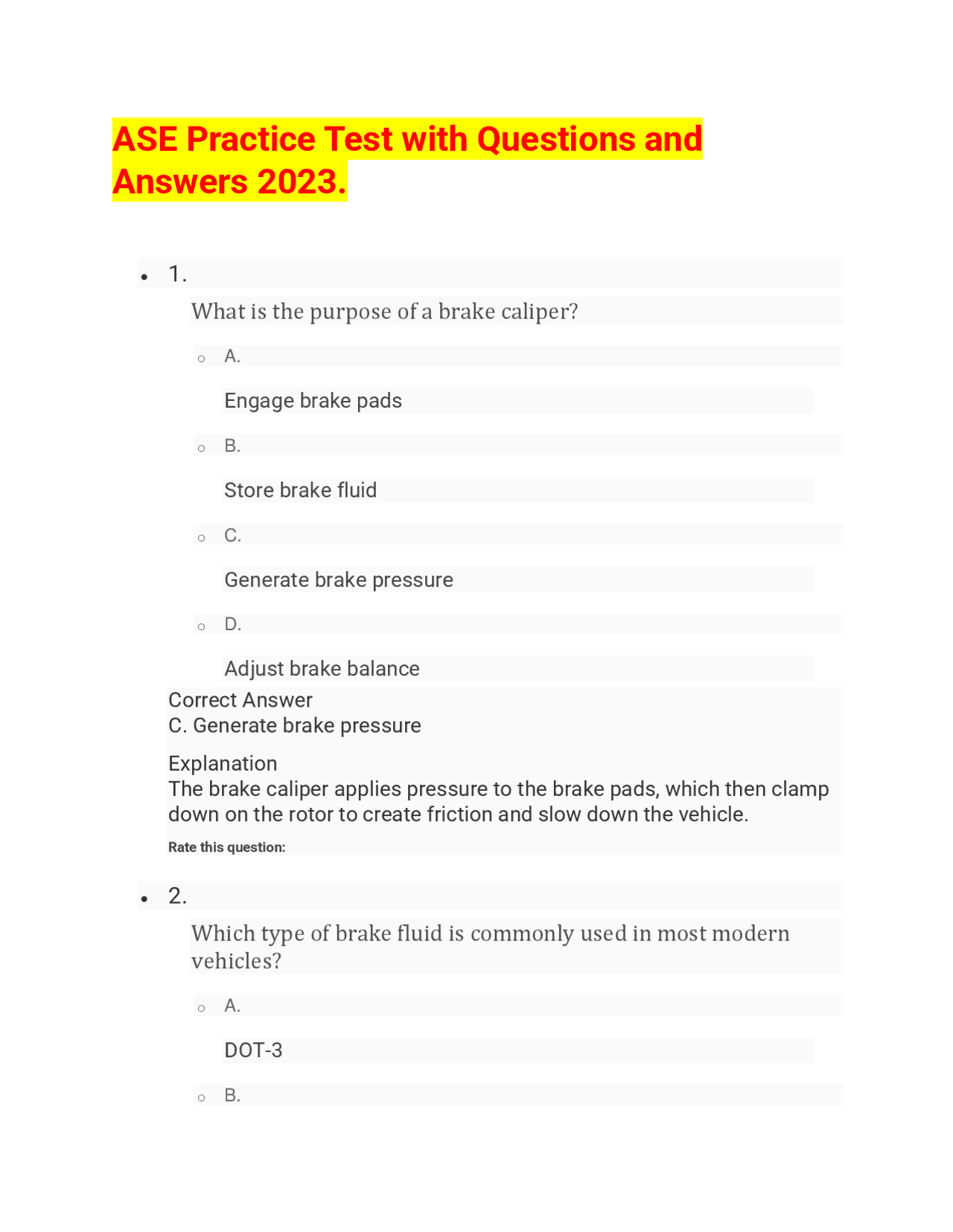 ASE Practice Test with Questions and Answers 2023. | Exams Motor ...