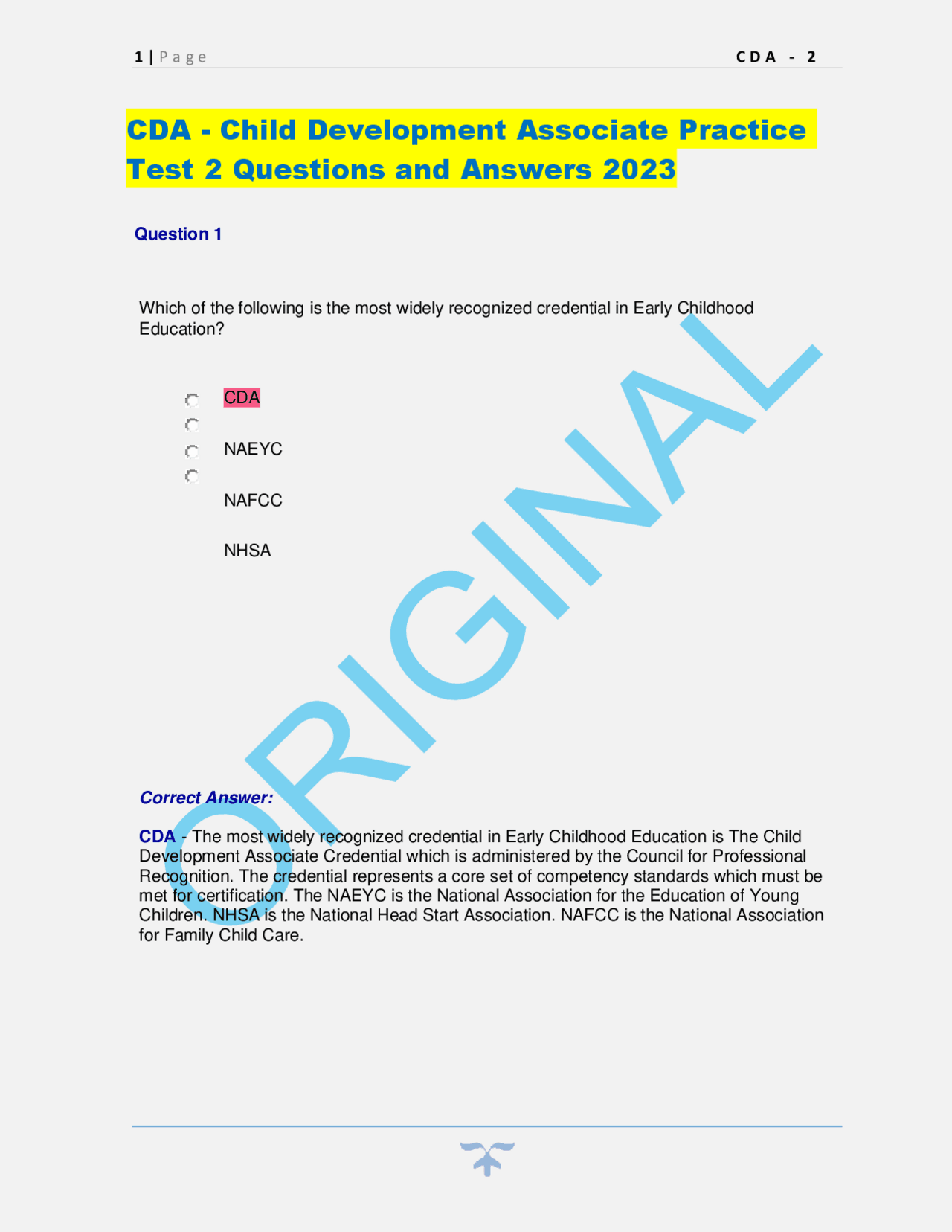 CDA - Child Development Associate Practice Test 2 Questions and Answers ...