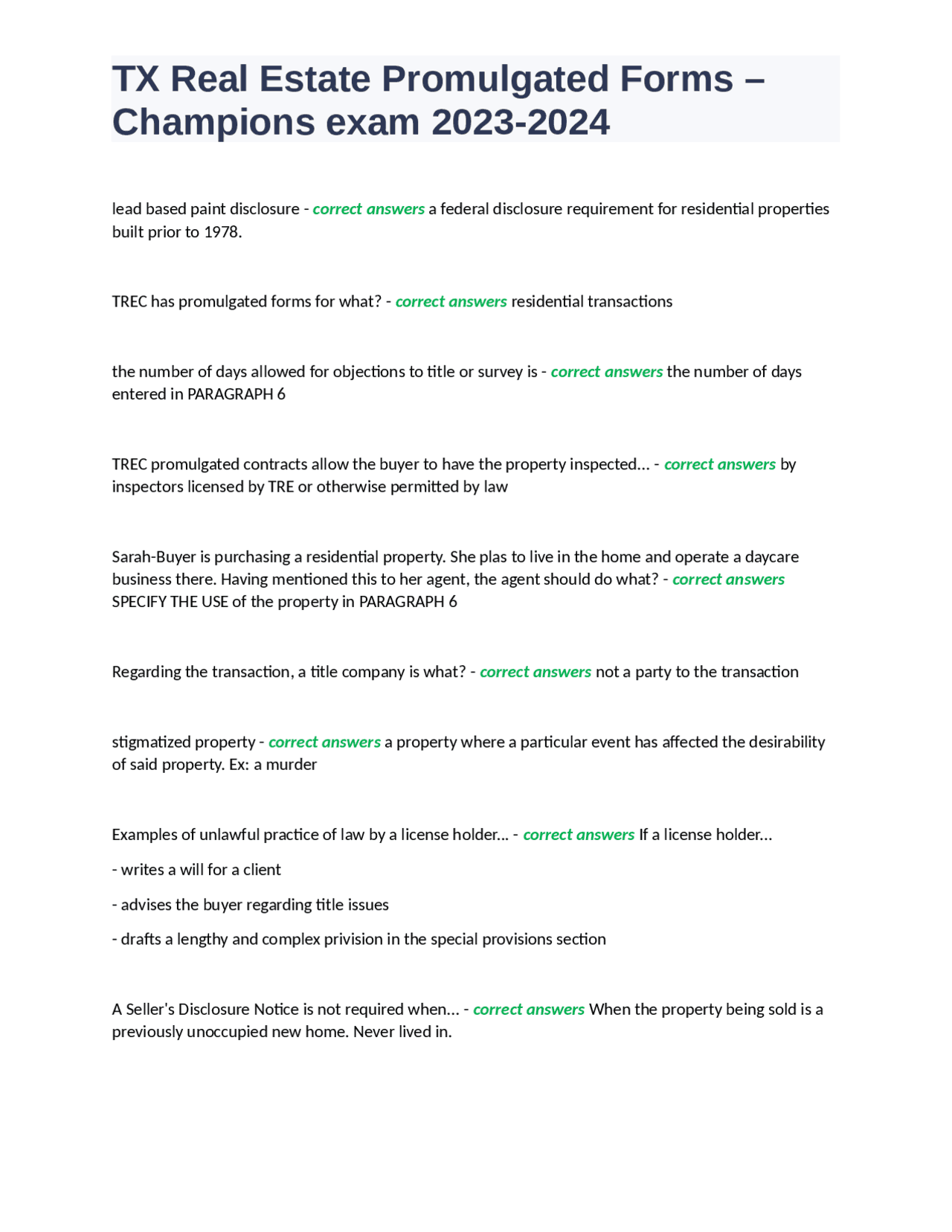 TX Real Estate Promulgated Forms Champions exam 20232024 TX Real