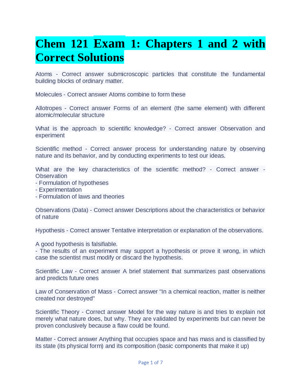 Chem 121 Exam 1 Chapters 1 and 2 with Correct Solutions Exams