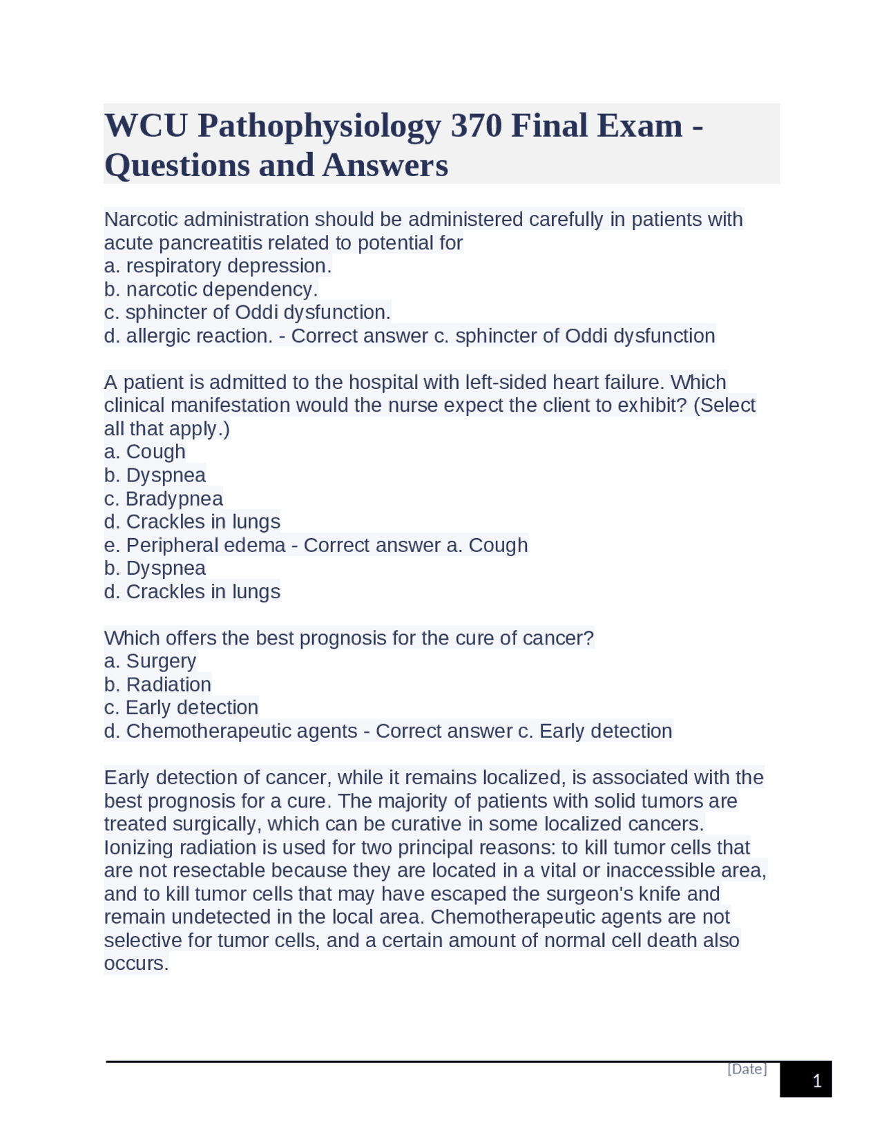 WCU Pathophysiology 370 Final Exam Questions and Answers Exams