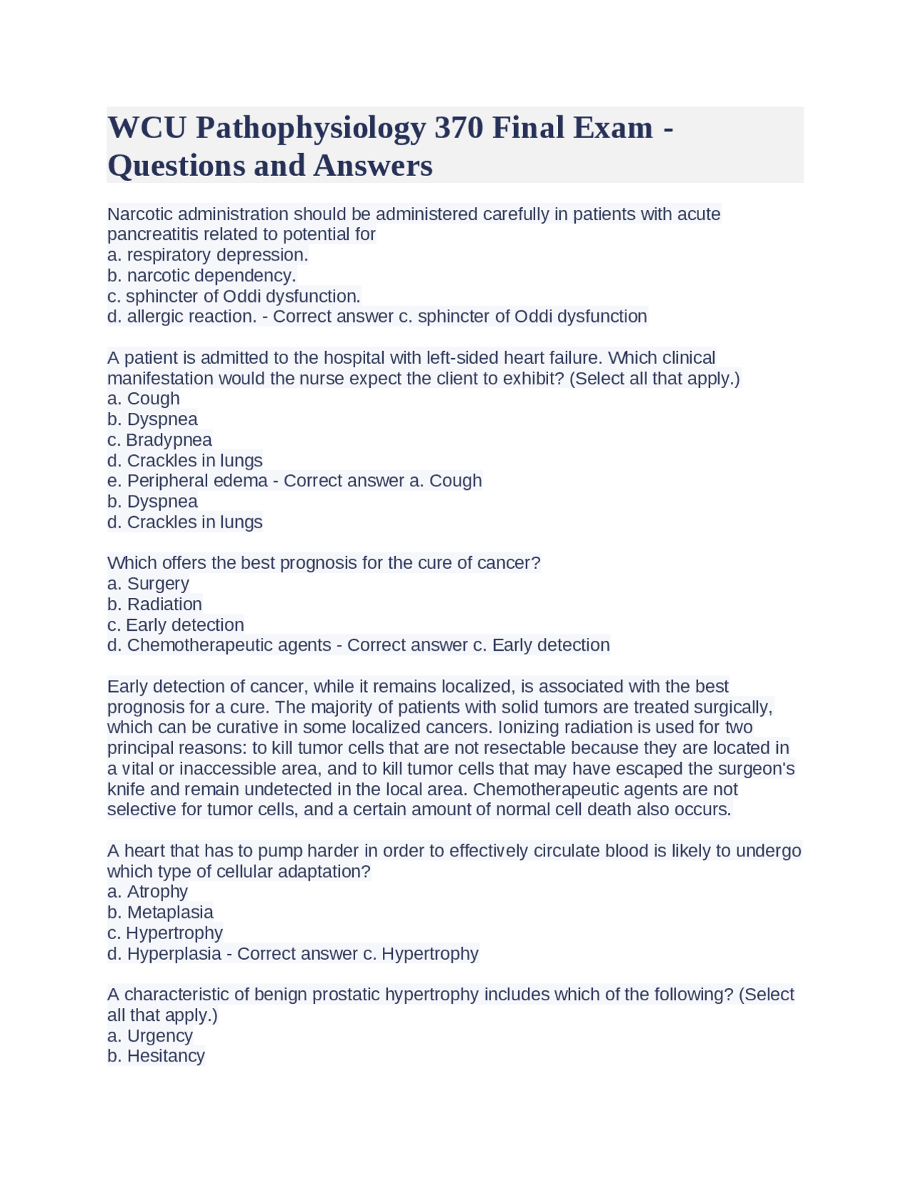 WCU Pathophysiology 370 Final Exam Questions and Answers Exams