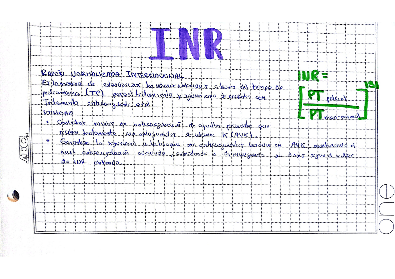 INR laboratorio clinico Resúmenes de Organización y Gestión del