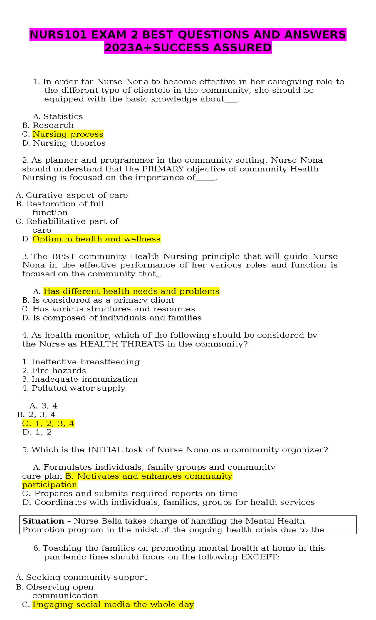 NURS101 EXAM 2 BEST QUESTIONS AND ANSWERS 2023A+SUCCESS ASSURED | Exams ...