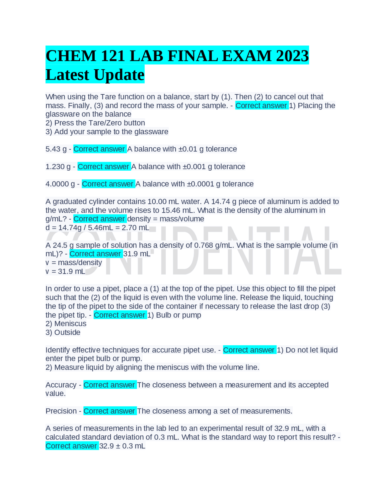 CHEM 121 LAB FINAL EXAM 2023 Latest Update | Exams Chemistry | Docsity