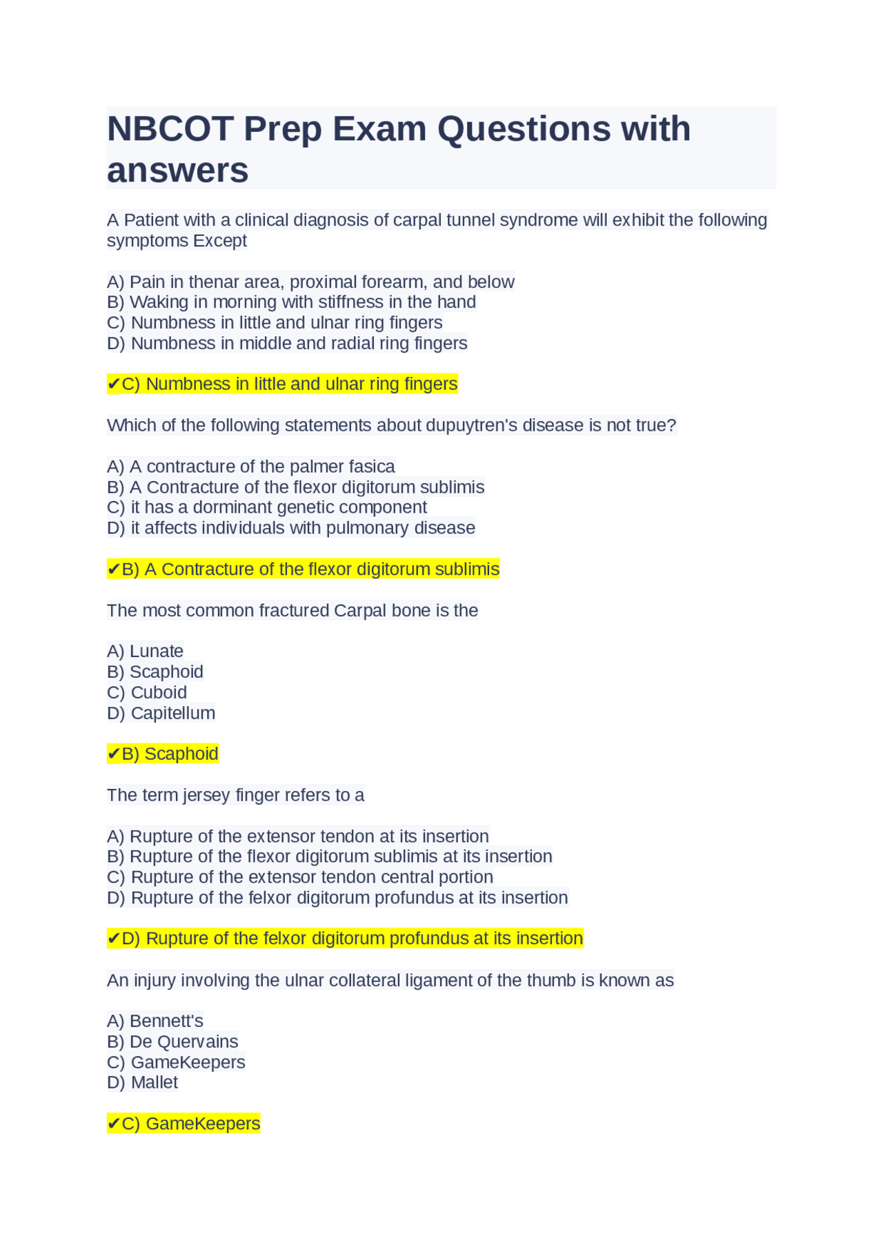 NBCOT Prep Exam Questions with answers | Exams Nursing | Docsity