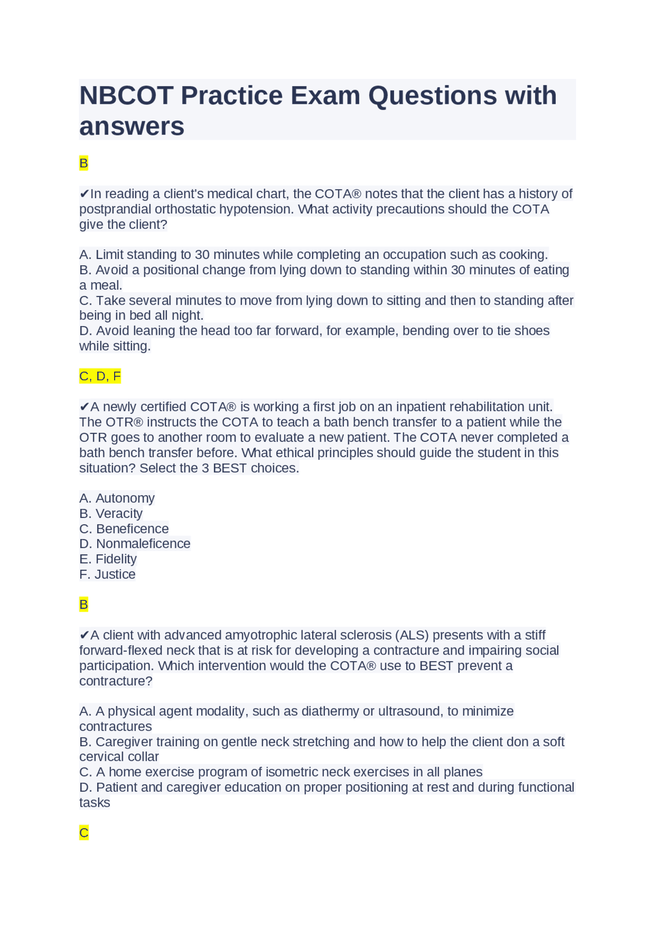 Nbcot Question Examples NBCOT Practice Exam Questions with answers | Exams Nursing | Docsity
