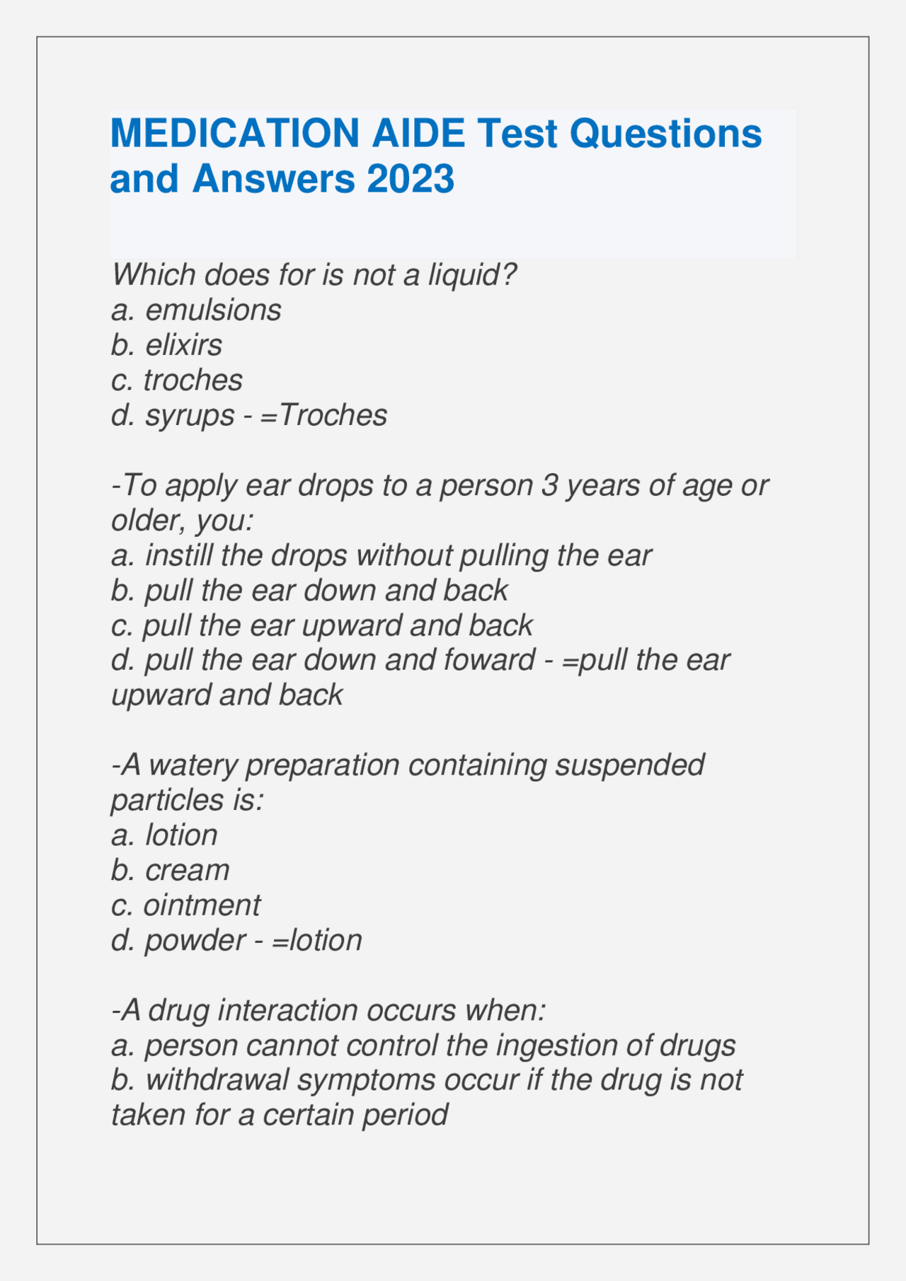 MEDICATION AIDE Test Questions and Answers 2023 | Exams Nursing | Docsity