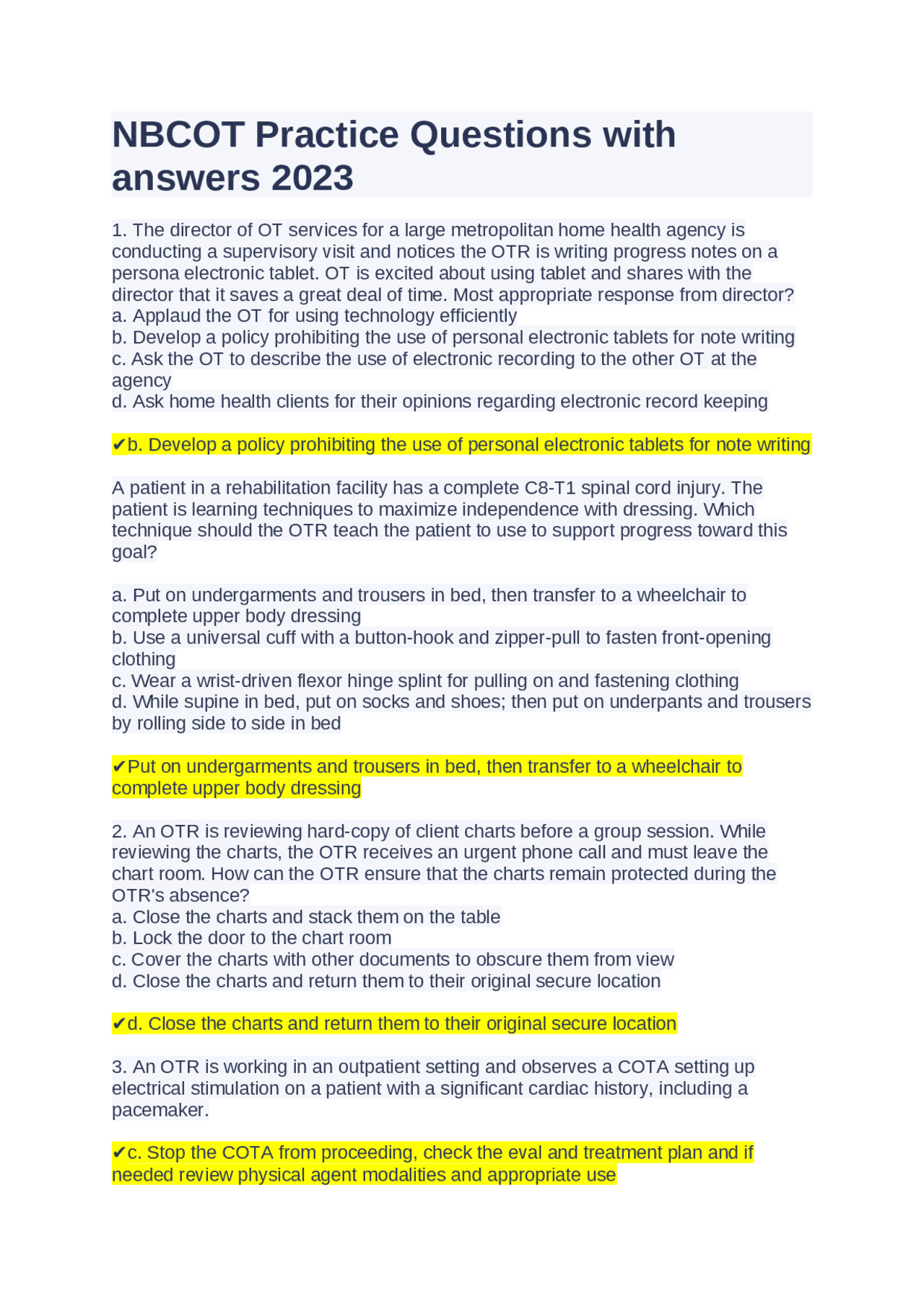 Nbcot Question Examples NBCOT Practice Questions with answers 2023 | Exams Nursing | Docsity