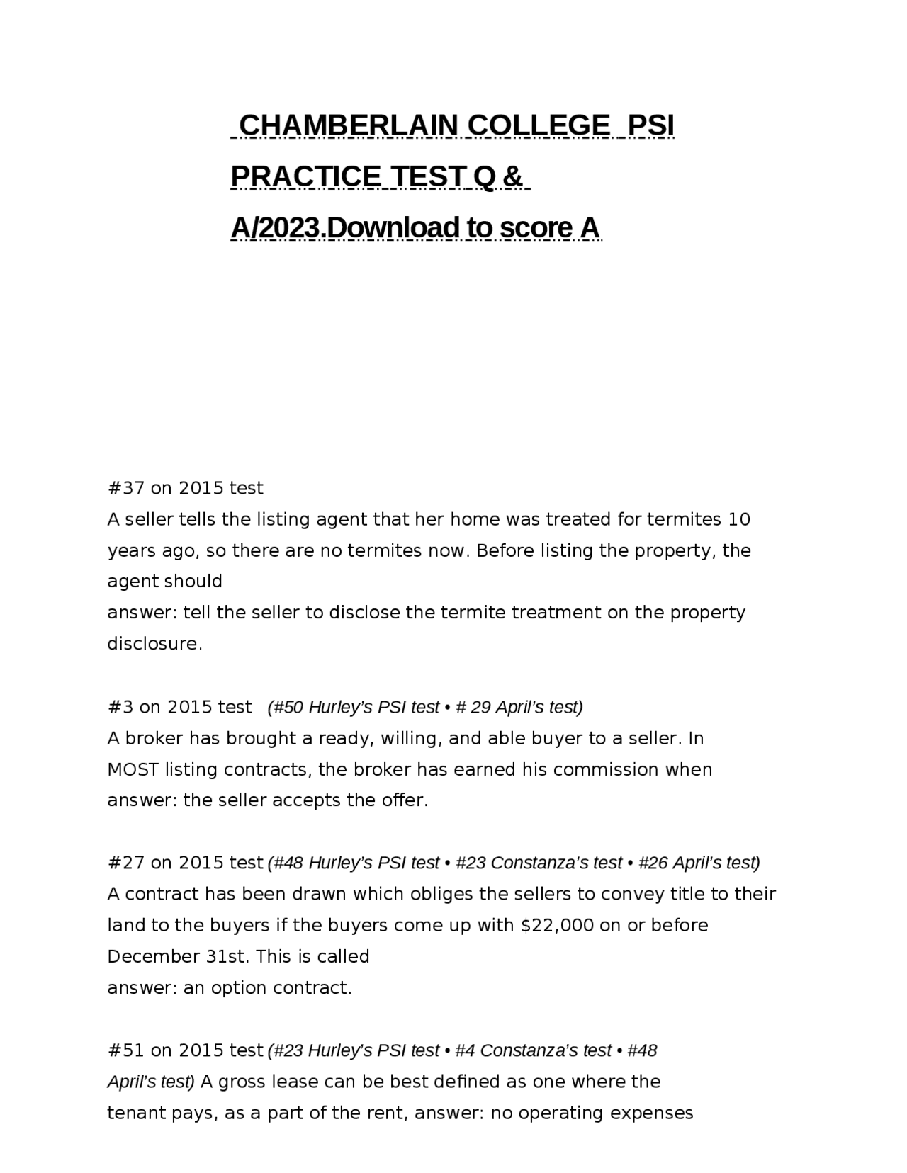CHAMBERLAIN COLLEGE PSI PRACTICE TEST Q &amp; A/2023.Download to score A ...
