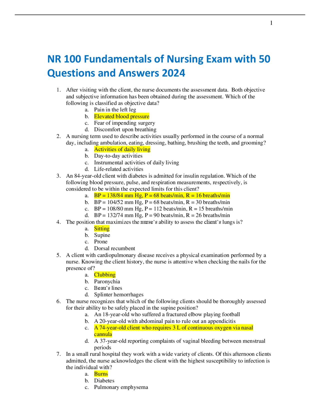 NR 100 Fundamentals of Nursing Exam with 50 Questions and Answers 2024 ...
