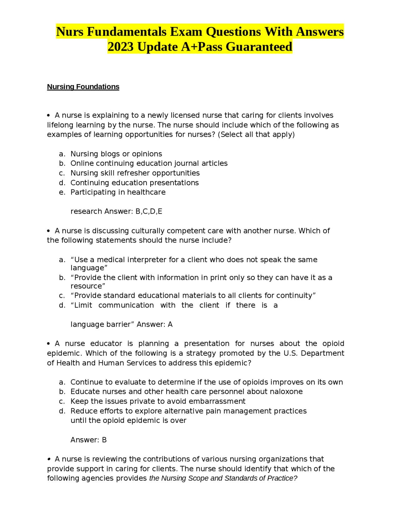 Nurs Fundamentals Exam Questions With Answers 2023 Update A+Pass ...