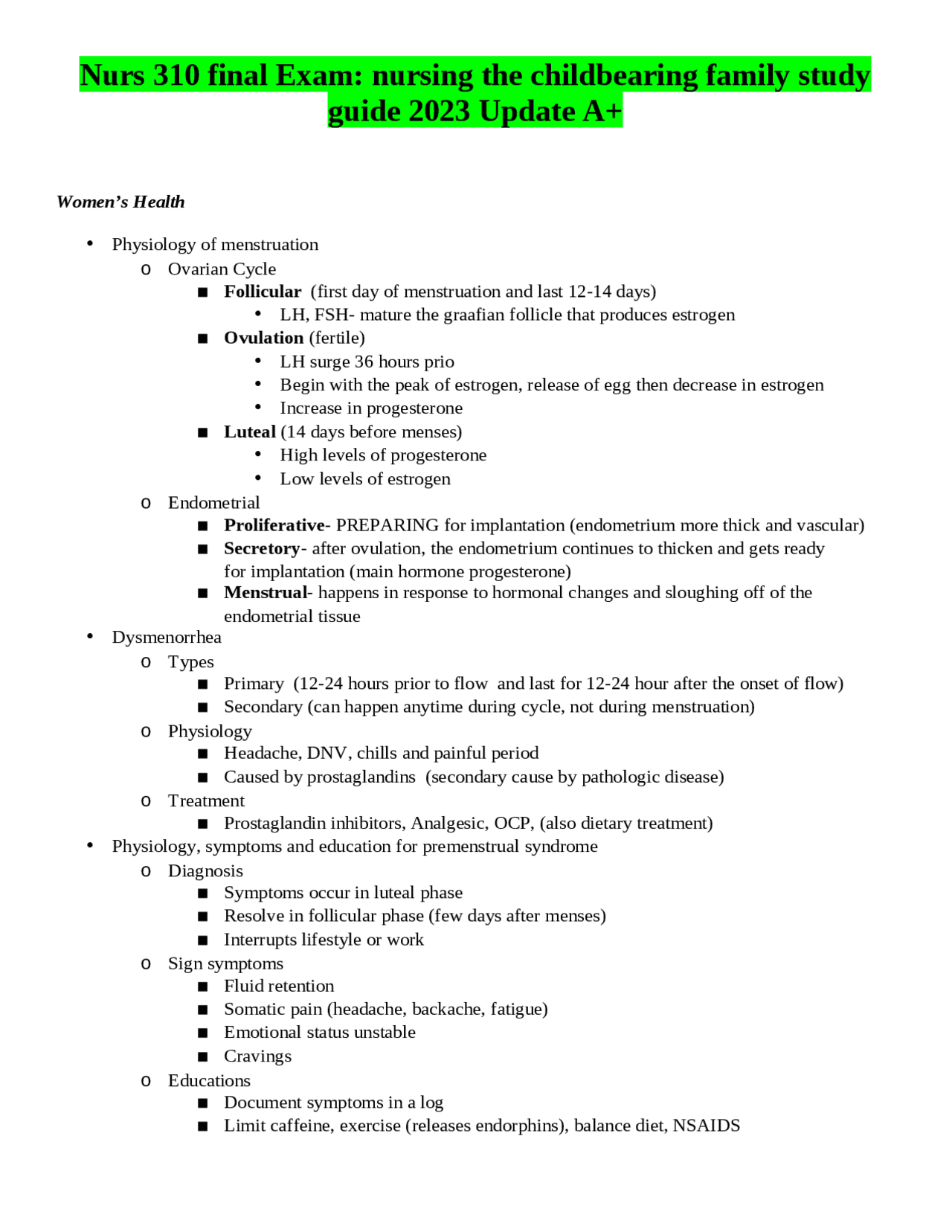 Nurs 310 final Exam nursing the childbearing family study guide 2023