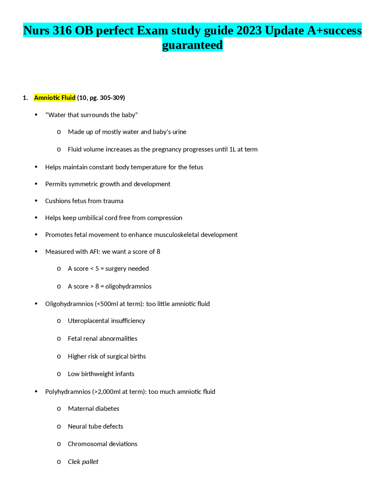 Nurs 316 OB perfect Exam study guide 2023 Update A+success guaranteed ...