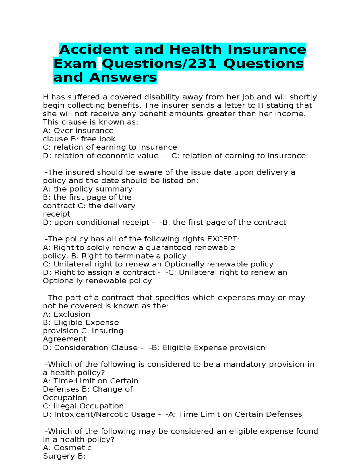 Accident and Health Insurance Exam Questions and Answers | Exams ...