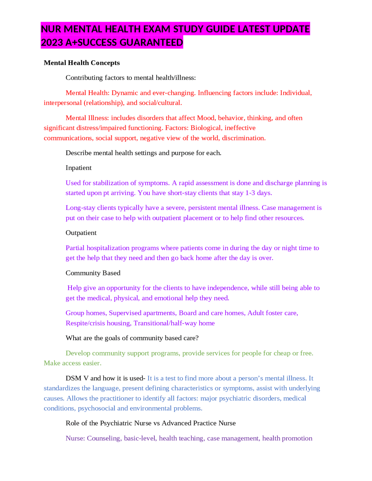 NUR MENTAL HEALTH EXAM STUDY GUIDE LATEST UPDATE 2023 A+SUCCESS