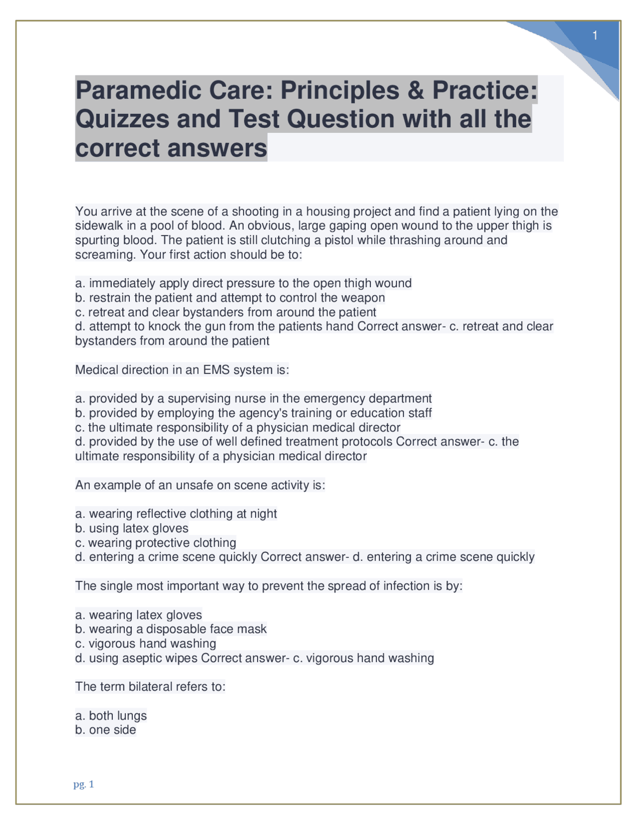 Paramedic Care Principles & Practice Quizzes and Test Question with all the correct answ