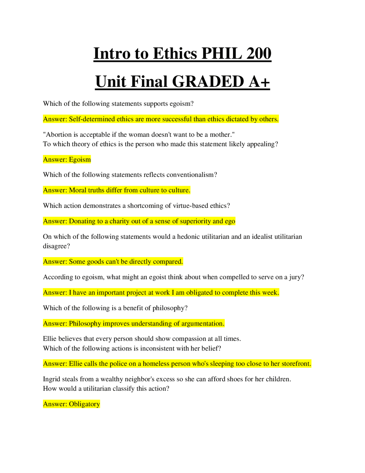 Intro to Ethics PHIL 200 Unit Final GRADED A+: Multiple Choice ...
