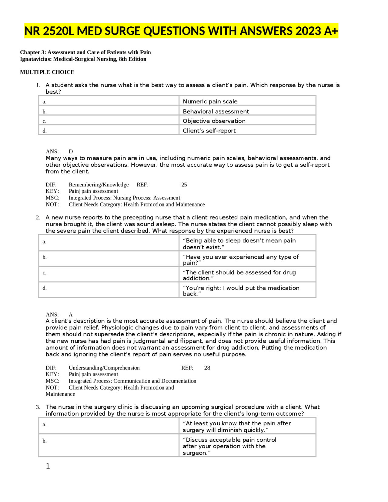NR 2520L MED SURGE QUESTIONS WITH ANSWERS 2023 A+ | Exams Nursing | Docsity