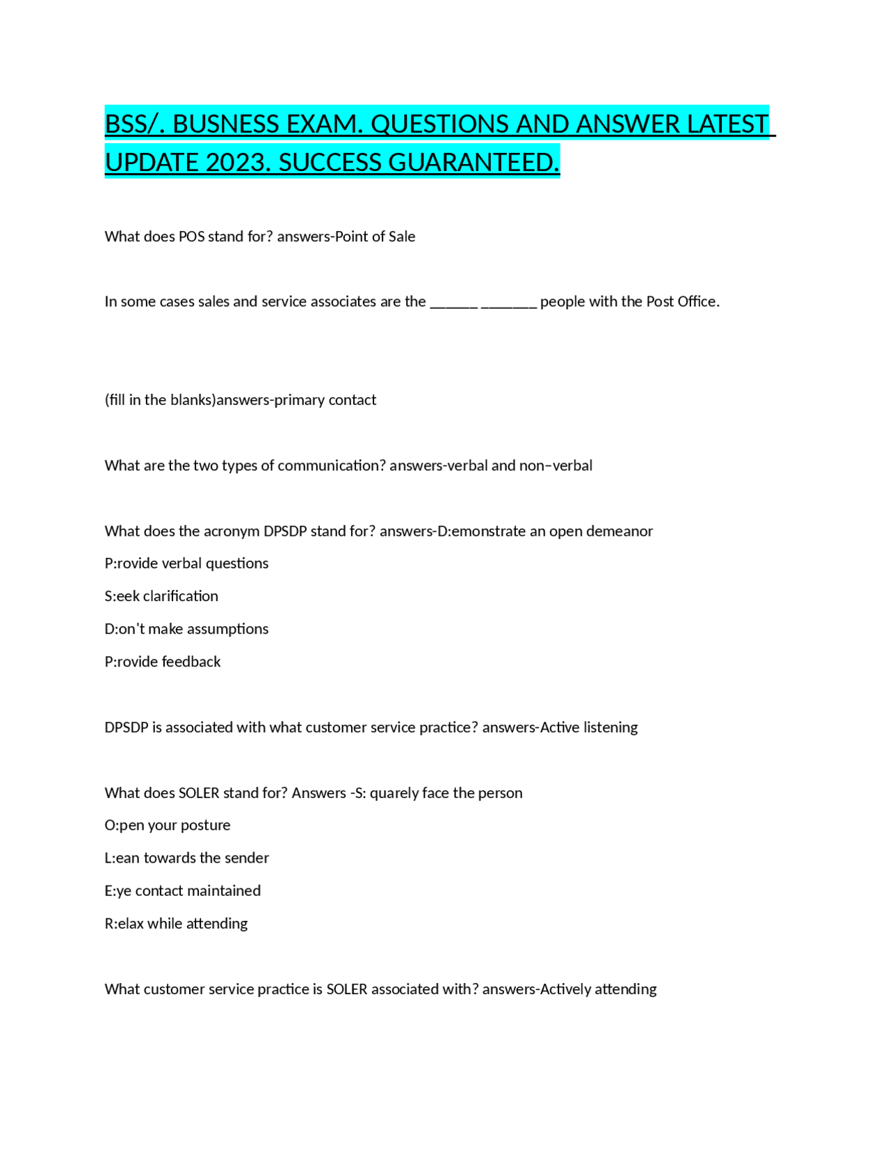 BSS/. BUSNESS EXAM. QUESTIONS AND ANSWER LATEST UPDATE 2023. SUCCESS