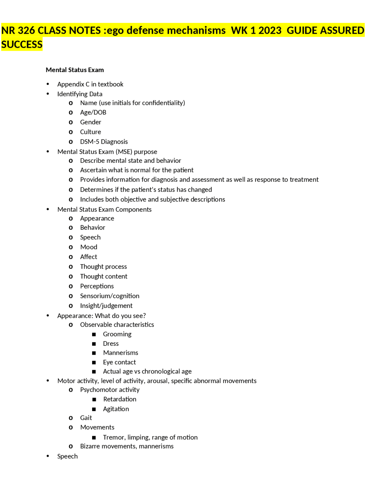 NR 326 CLASS NOTES :ego defense mechanisms WK 1 2023 GUIDE ASSURED ...