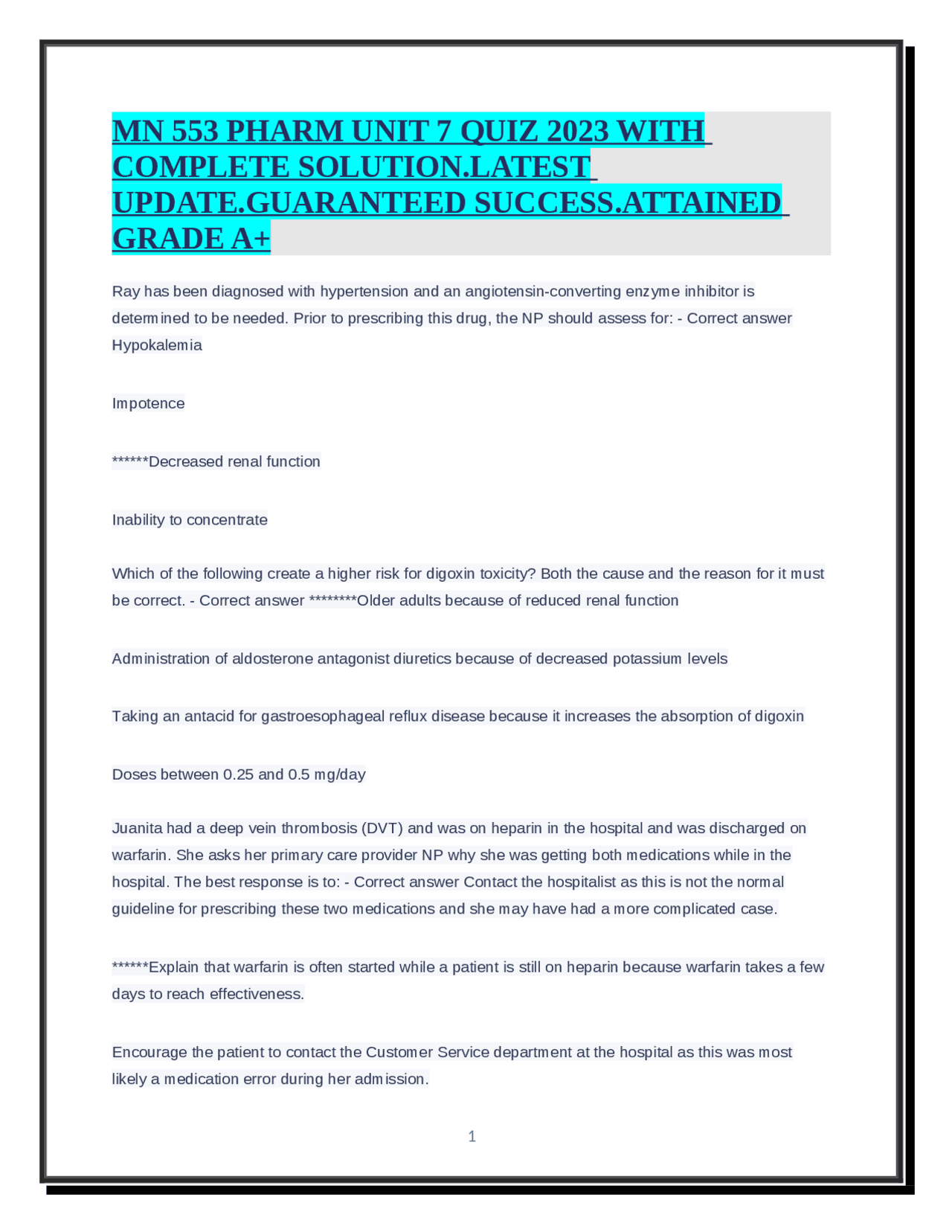 MN 553 PHARM UNIT 7 QUIZ 2023 WITH COMPLETE SOLUTION.LATEST UPDATE ...