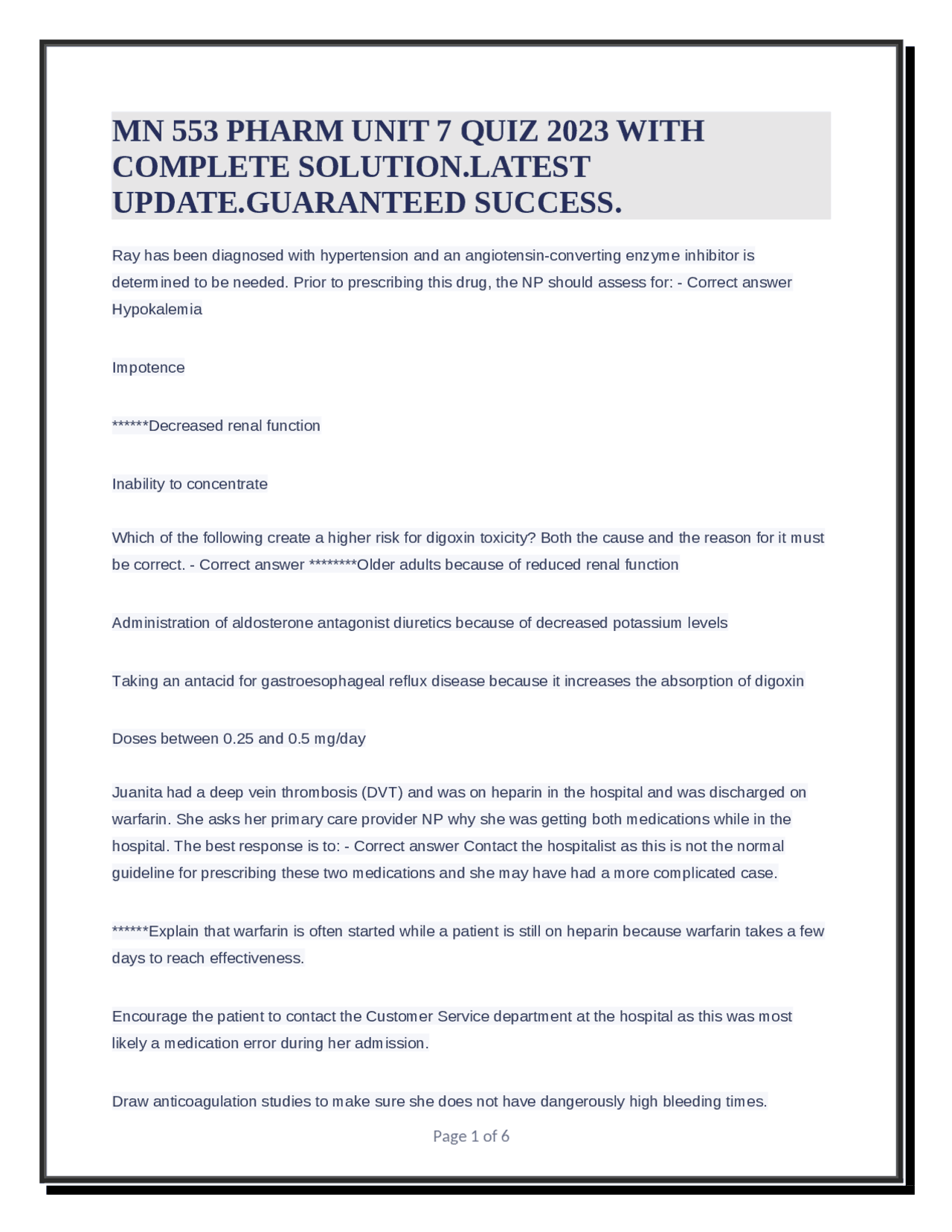MN 553 PHARM UNIT 7 QUIZ 2023 WITH COMPLETE SOLUTION.LATEST UPDATE ...