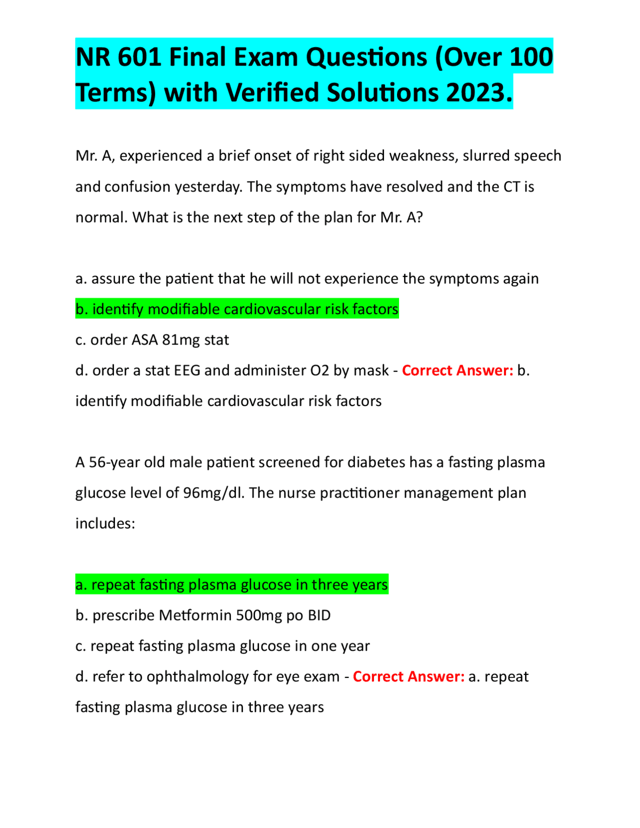 NR 601 Final Exam Questions (Over 100 Terms) with Verified Solutions ...