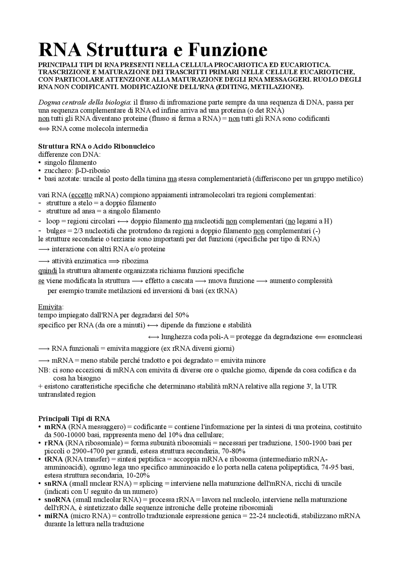 RNA Struttura e Funzione | Appunti di Biologia Genetica | Docsity