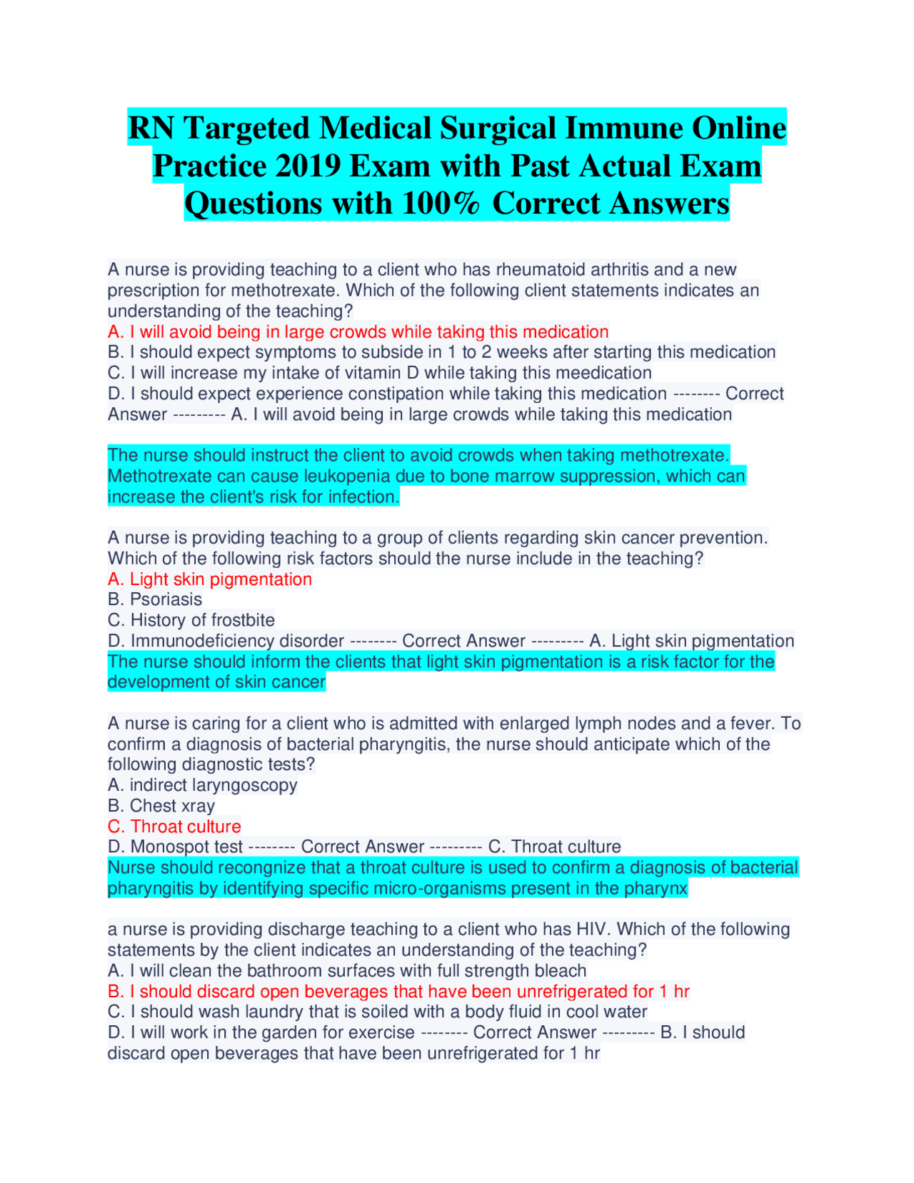 RN Targeted Medical Surgical Immune Online Practice 2019 Exam with Past