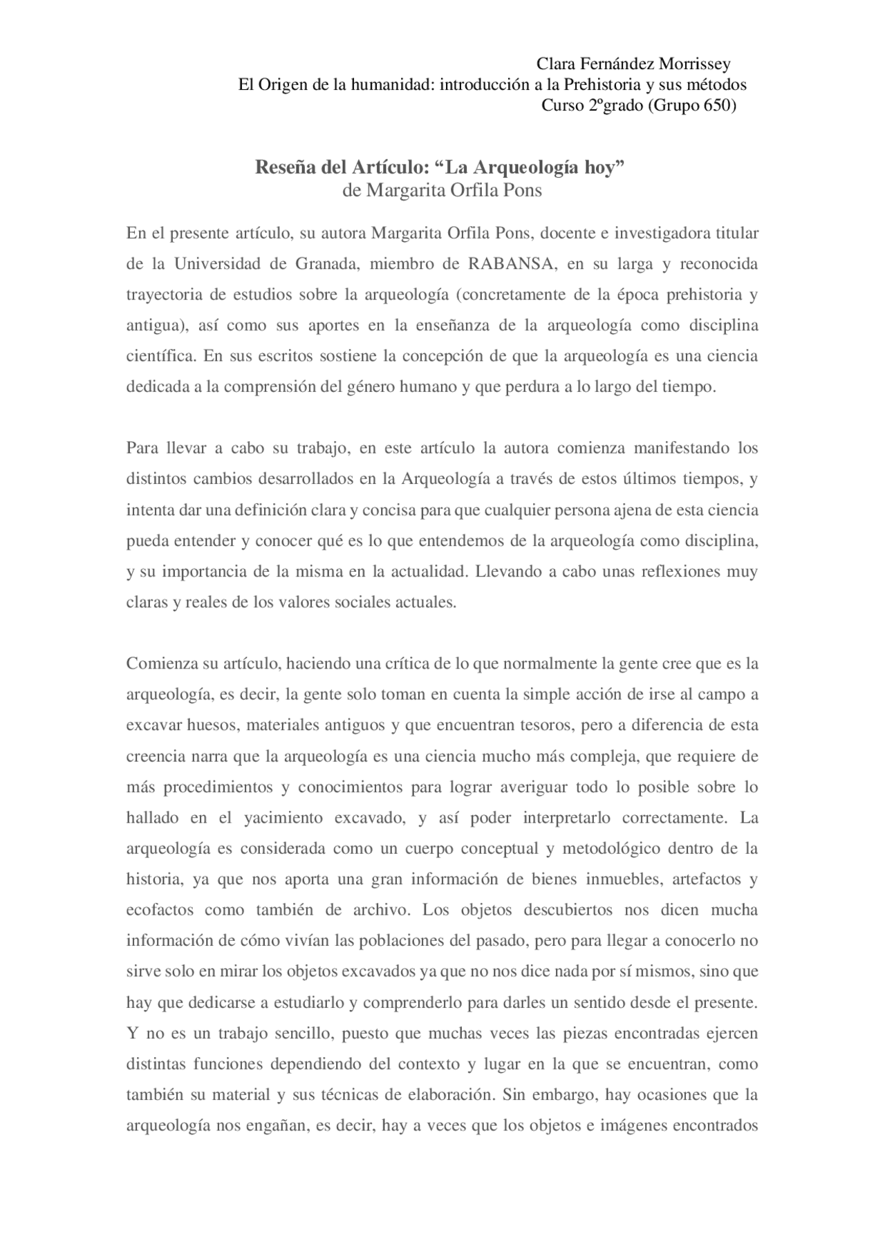 Reseña del Artículo “La Arqueología hoy” de Margarita Orfila Pons