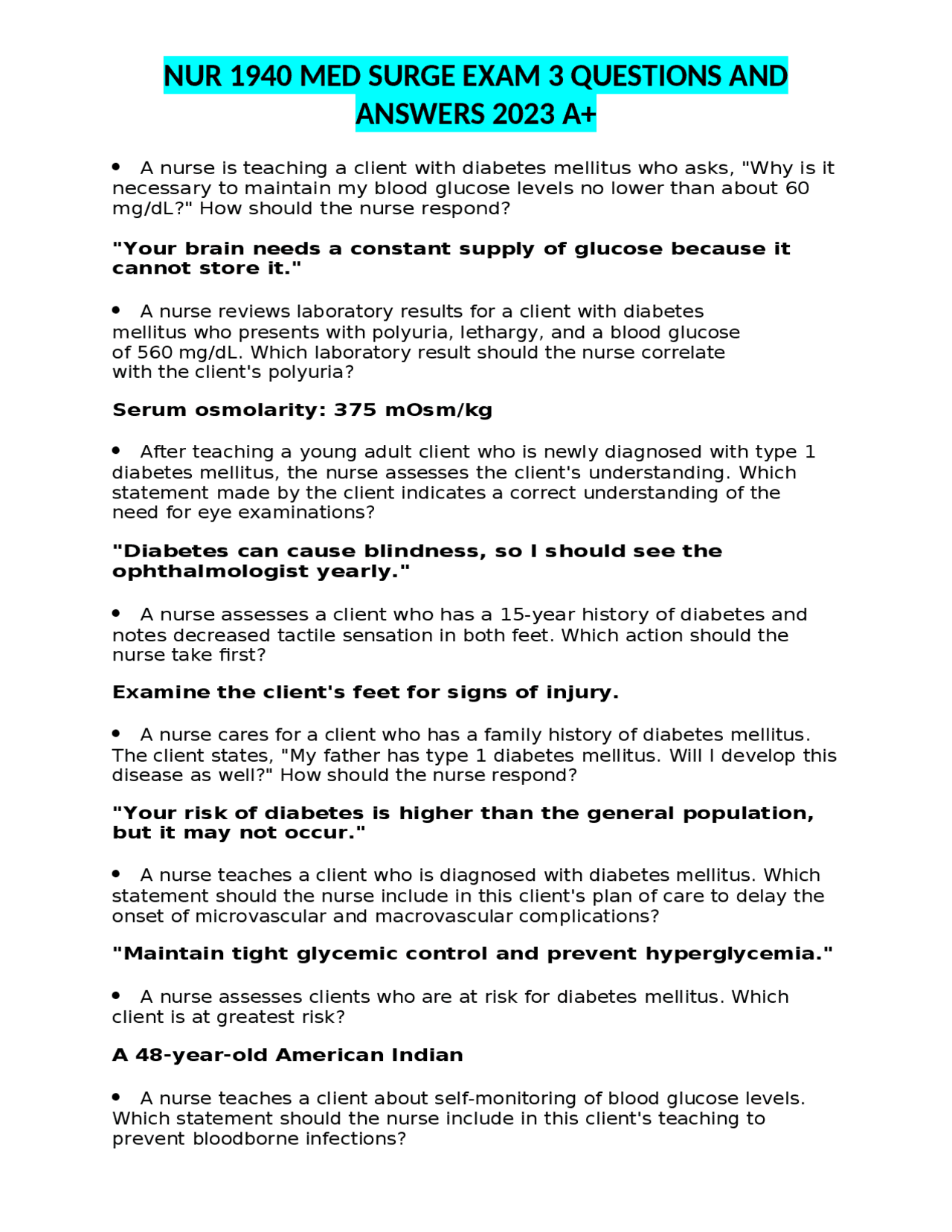 NUR 1940 MED SURGE EXAM 3 QUESTIONS AND ANSWERS 2023 A+ | Exams Nursing ...