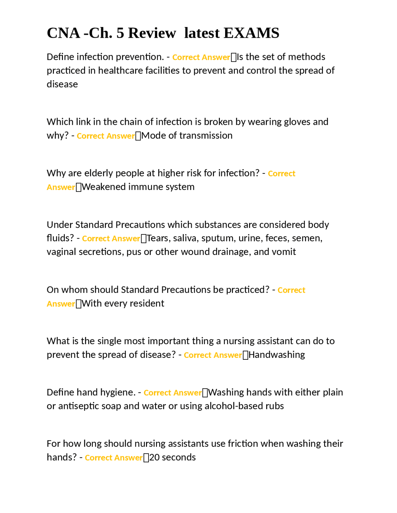 CNA -Ch. 5 Review latest EXAMS | Exams Nursing | Docsity