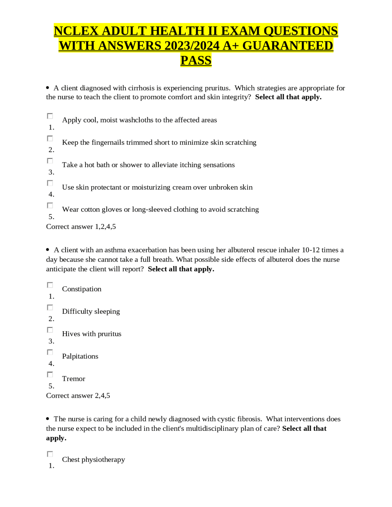 NCLEX ADULT HEALTH II EXAM QUESTIONS WITH ANSWERS 2023/2024 A+ ...