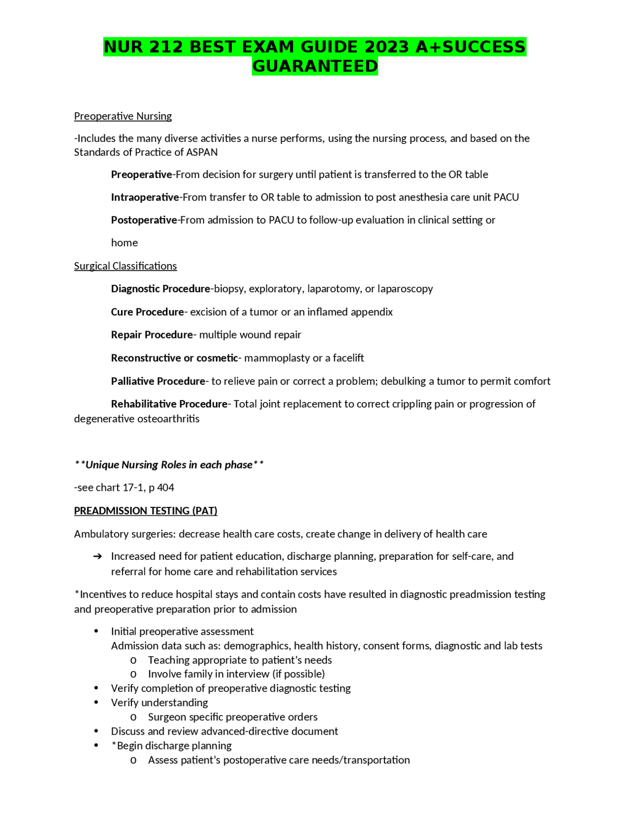 NUR 212 BEST EXAM GUIDE 2023 A+SUCCESS GUARANTEED | Exams Nursing | Docsity