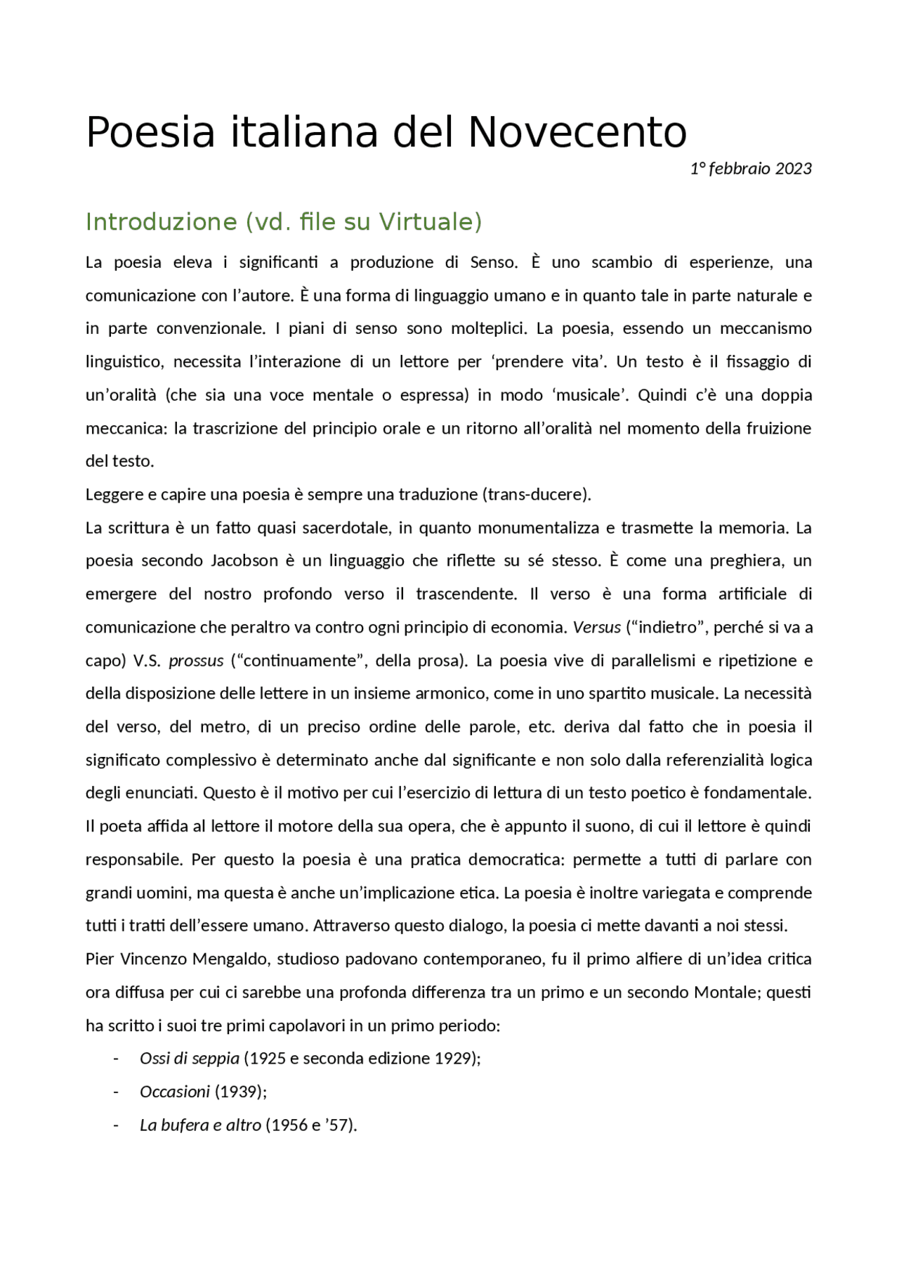 Poesia italiana del Novecento Appunti di Poesia Docsity