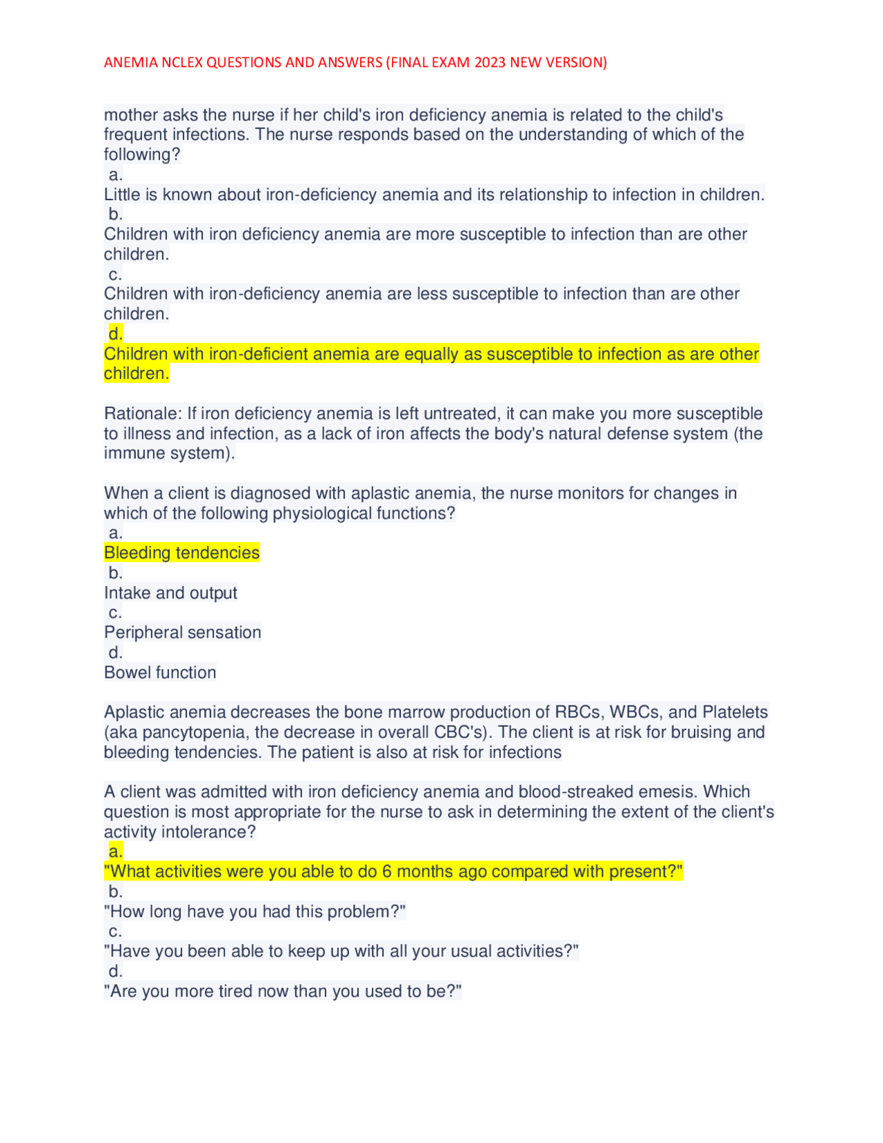 Anemia Nclex Questions Quizlet 91