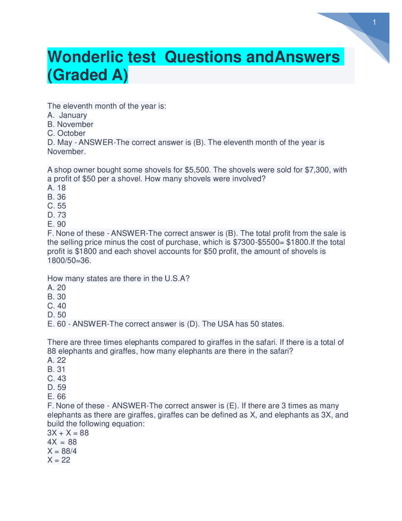 Wonderlic Test Question Example Wonderlic test Questions and Answers (Graded A) | Exams Nursing | Docsity