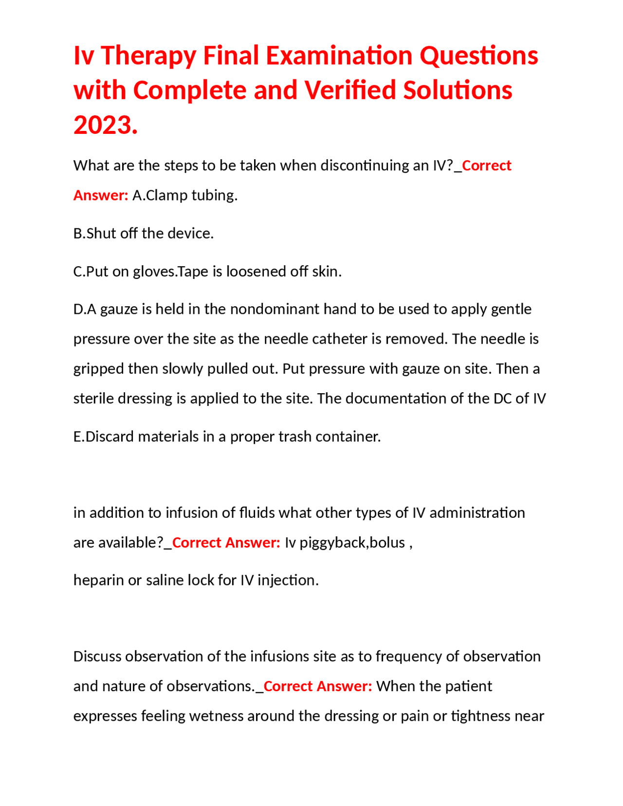 Iv Therapy Final Examination Questions with Complete and Verified ...