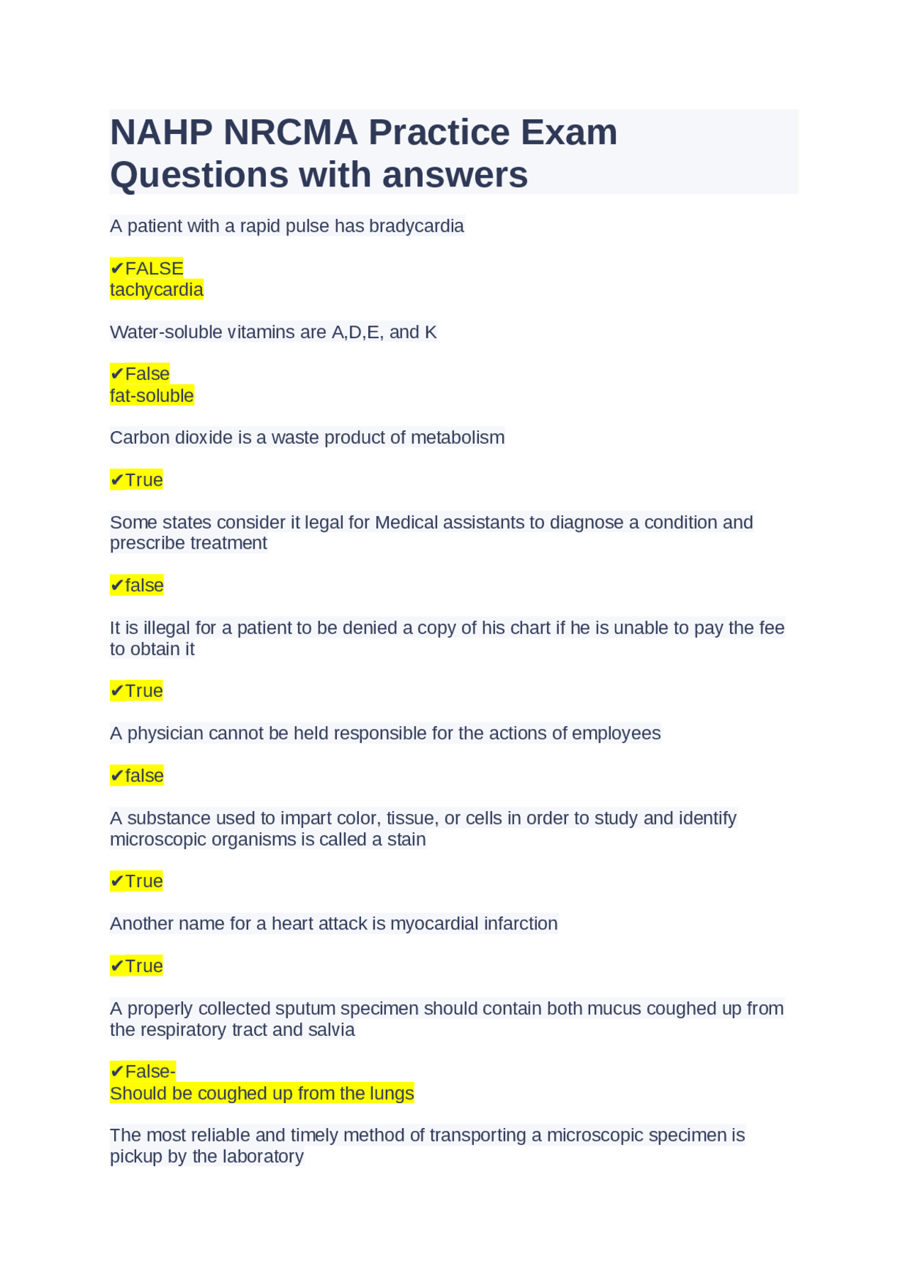 Medical Assistant Questions NAHP NRCMA Practice Exam Questions with answers | Exams Nursing | Docsity