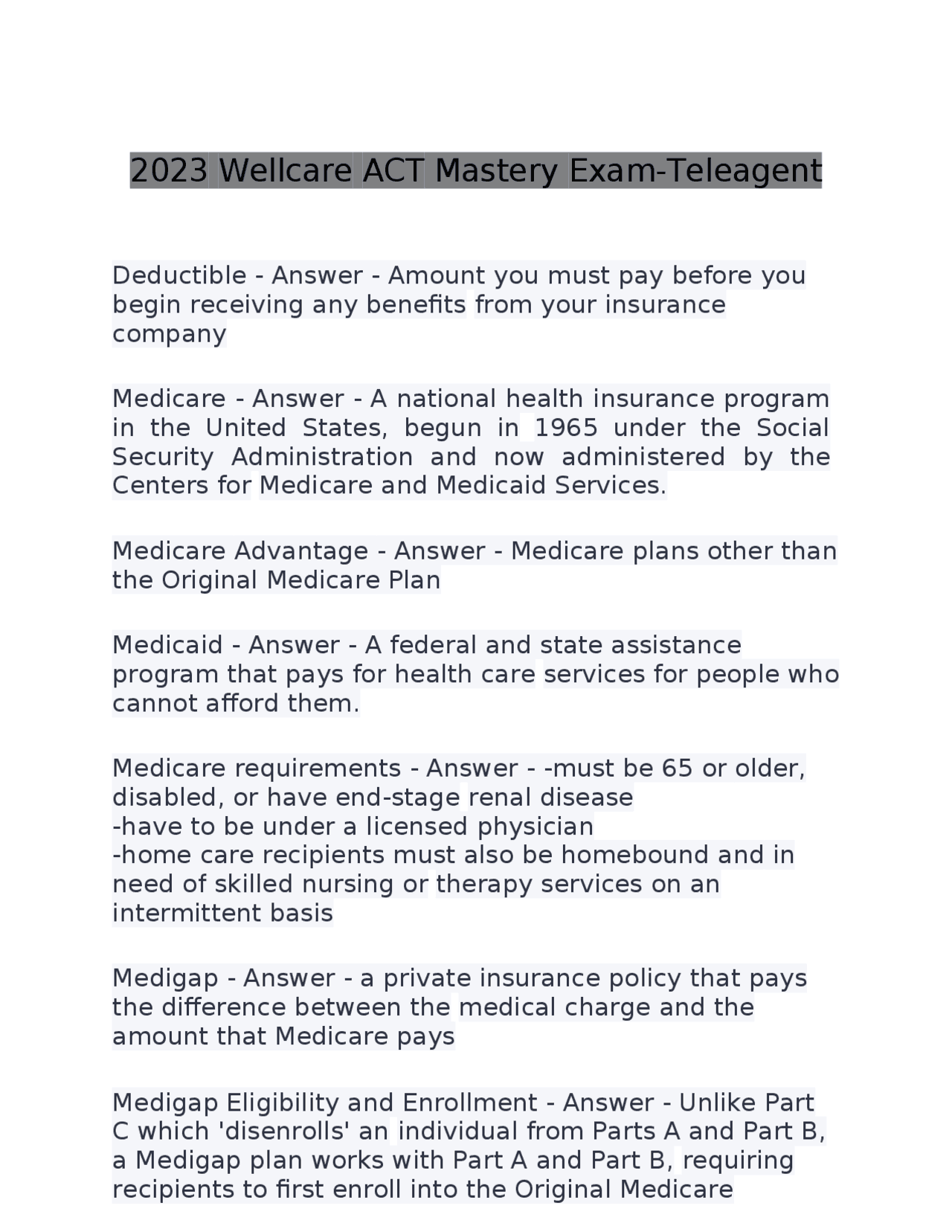 Medicare and Medigap Coverage Exams Medicine Docsity