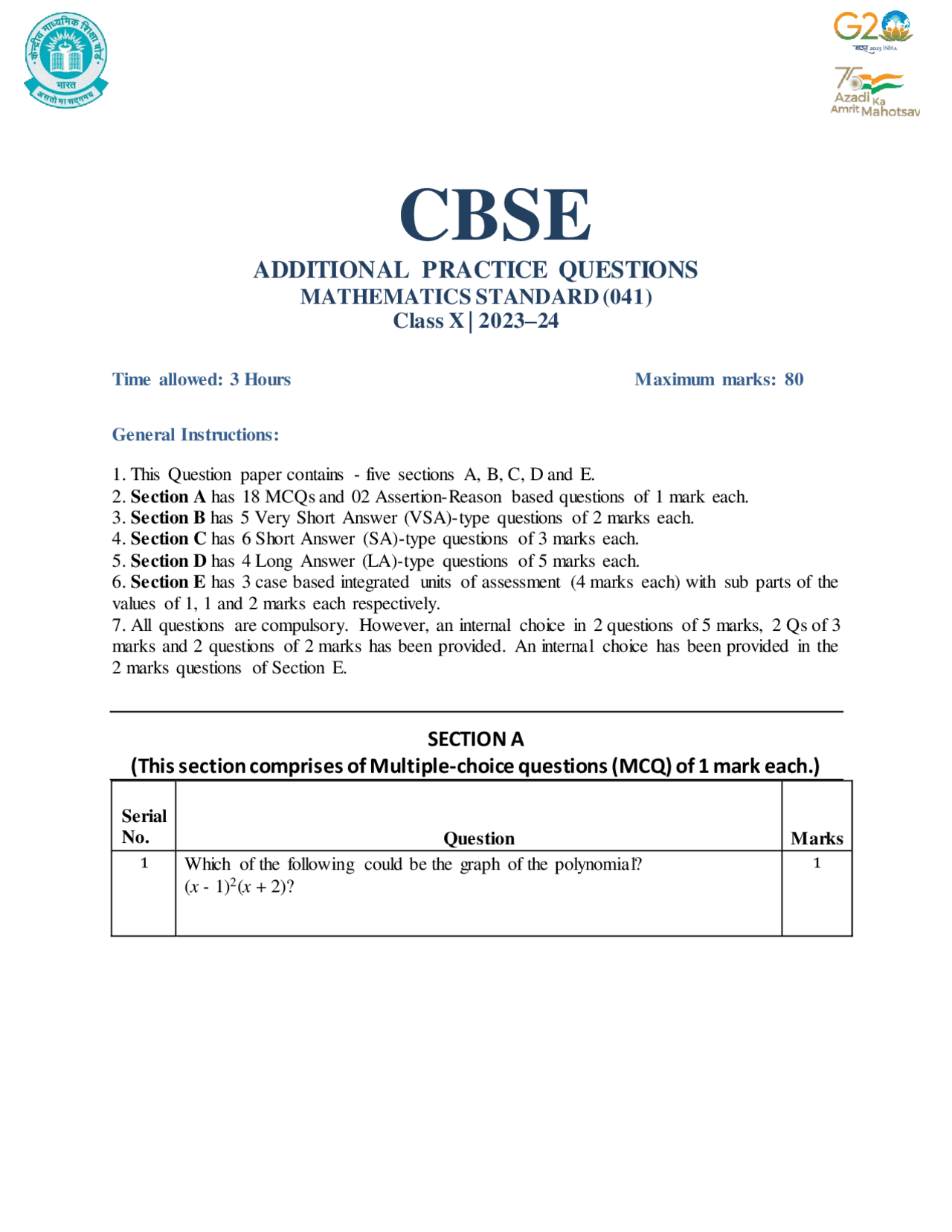 Practice Paper Maths Class 10 (Standard) | Assignments Mathematics ...