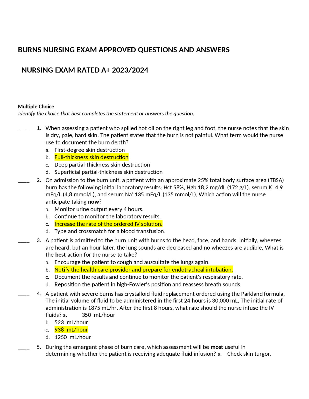 BURNS NURSING EXAM APPROVED QUESTIONS AND ANSWERS NURSING EXAM RATED A+