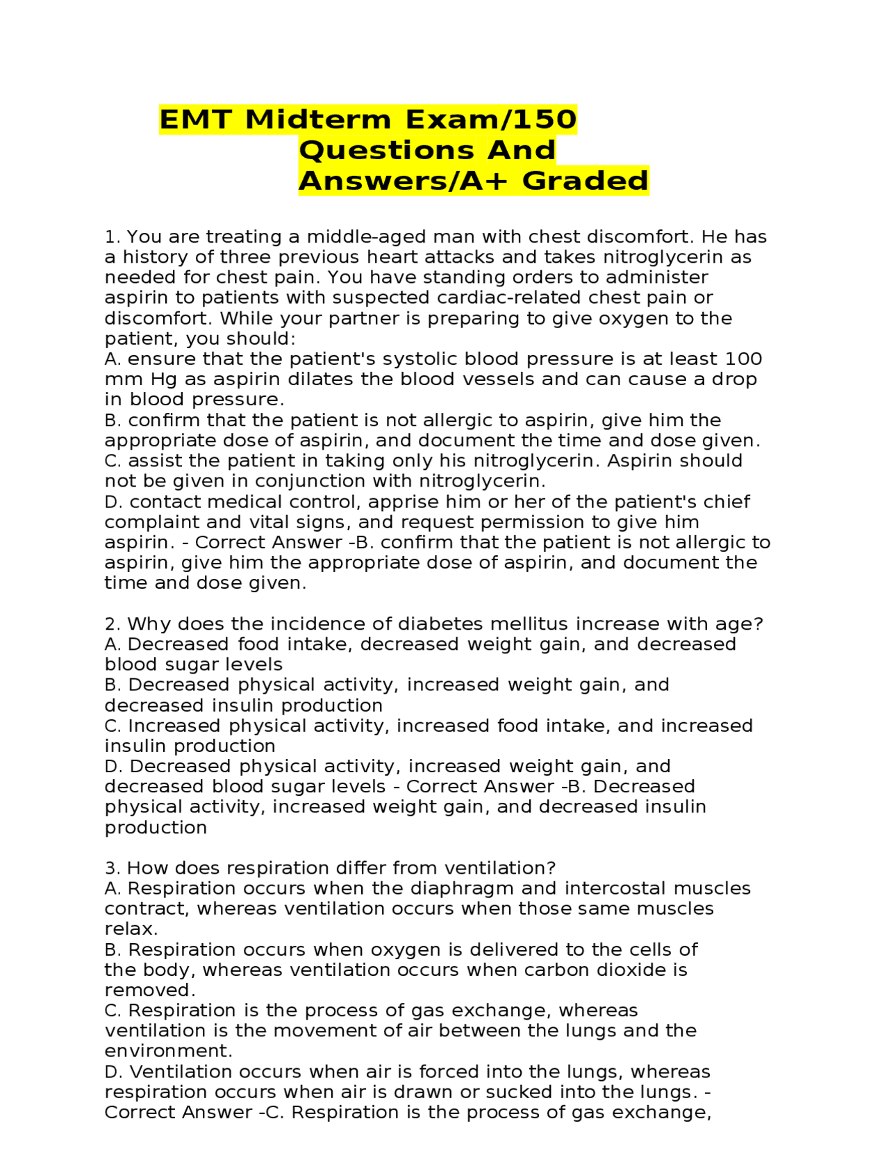EMT Midterm Exam/150 Questions And Answers/A+ Graded 20232024 Exams