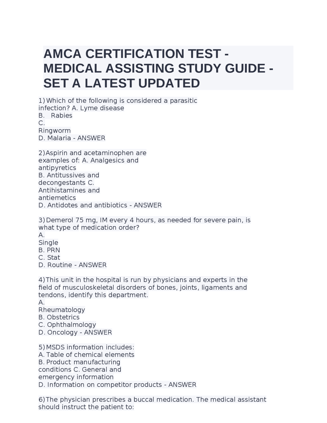 Amc Study Guid AMCA CERTIFICATION TEST - MEDICAL ASSISTING STUDY GUIDE - SET A LATEST ...
